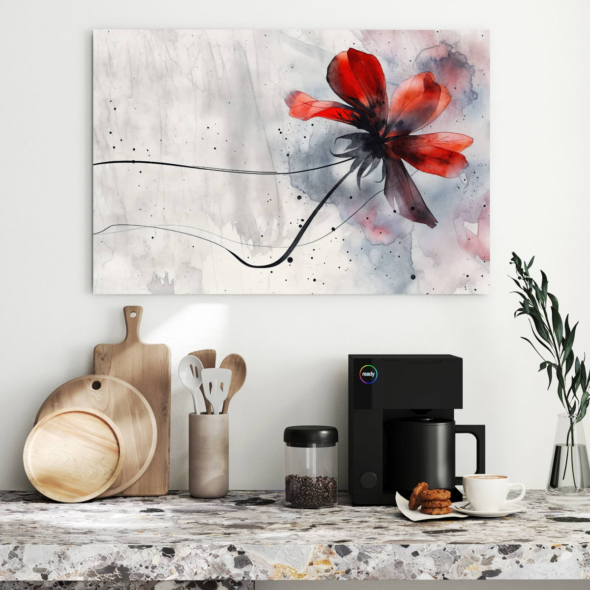 Metall Magnettafel - Abstrakte Blüte – Rote Aquarellblume mit Stiel