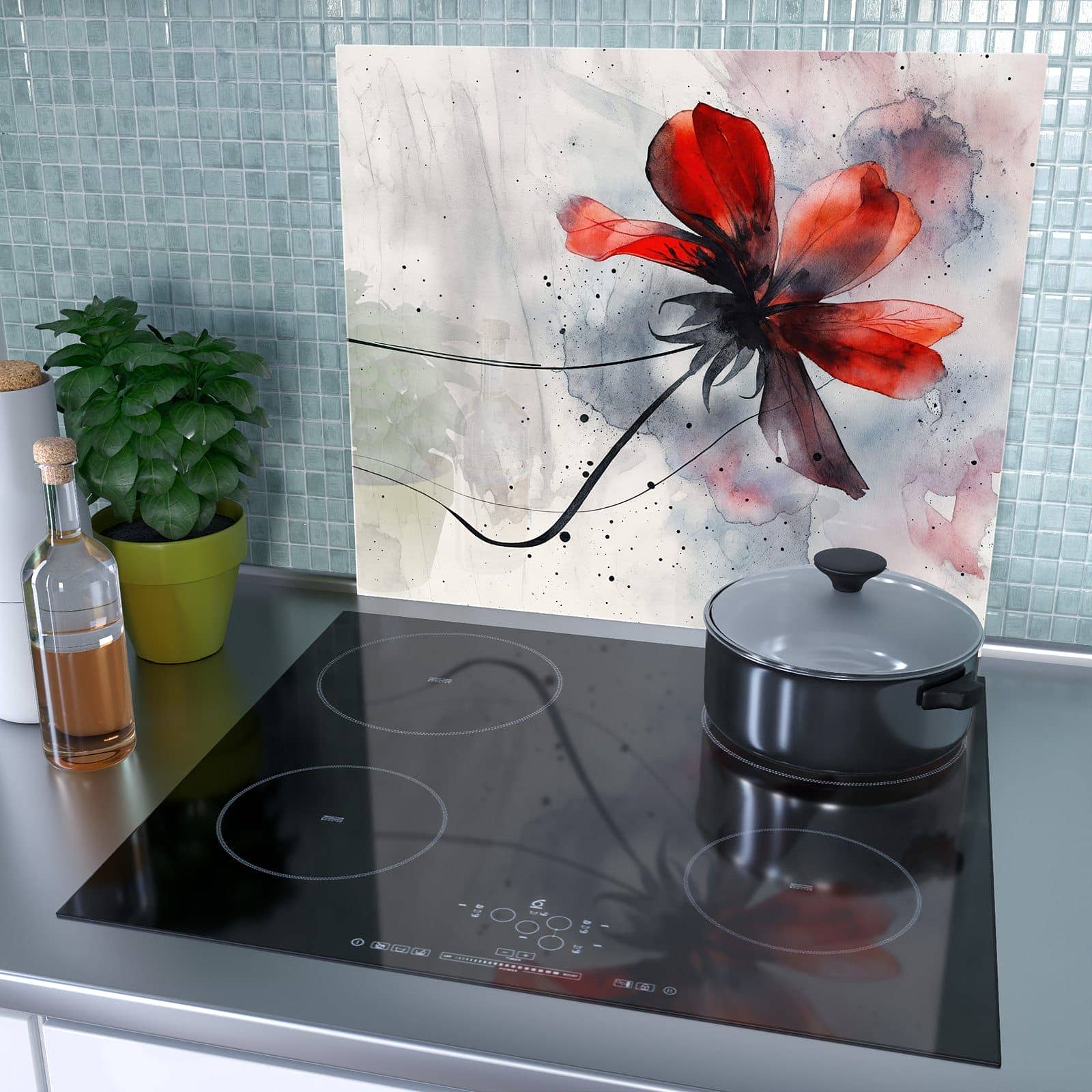 1-teilige Abdeckplatten für den Herd mit Abstrakte Blüte-Motiv als Spritzschutz hinter dem Kochfeld