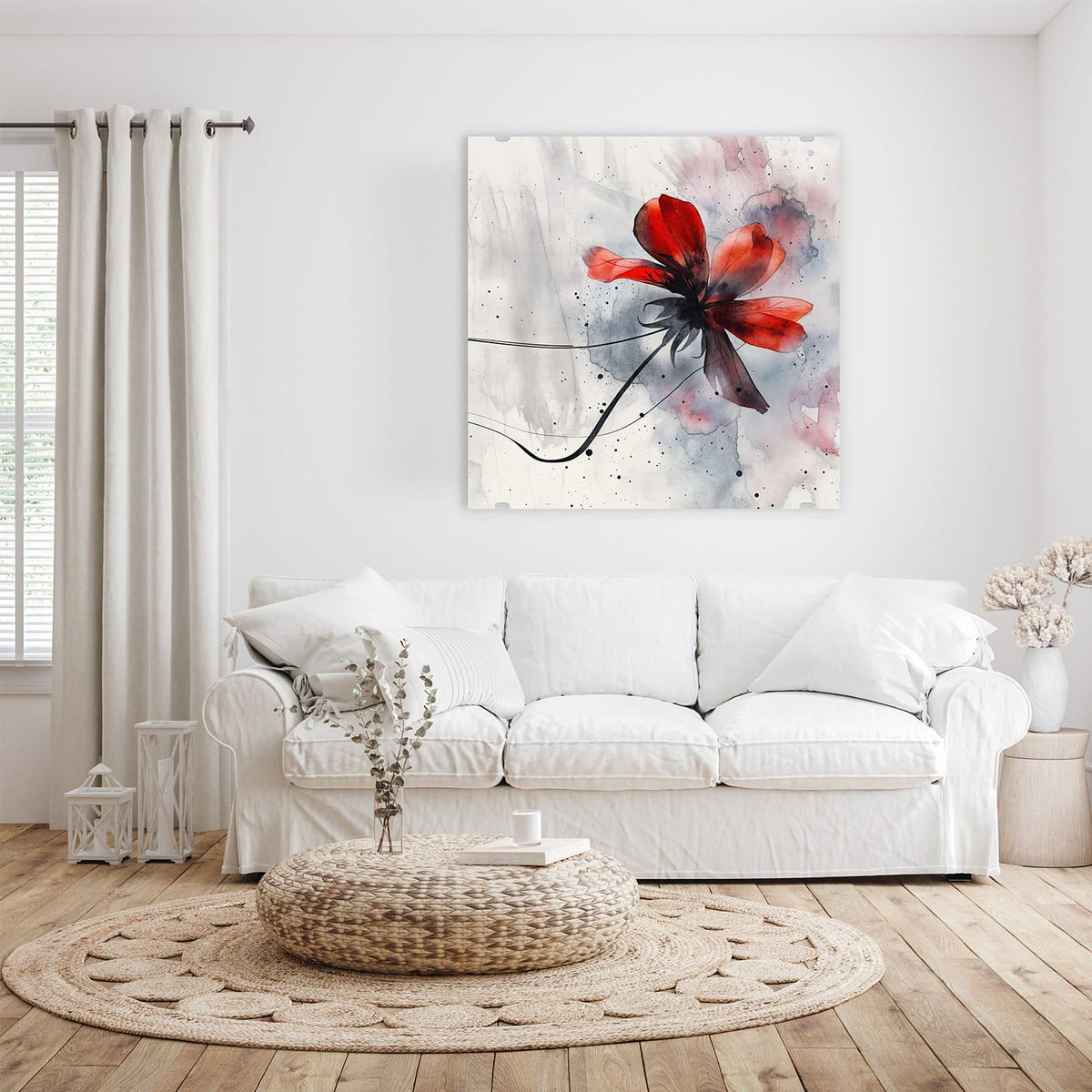 Glasbild Abstrakte Blüte an der Wand – Rote Aquarellblüte mit schwarzen Tuschelinien auf hellem Grund