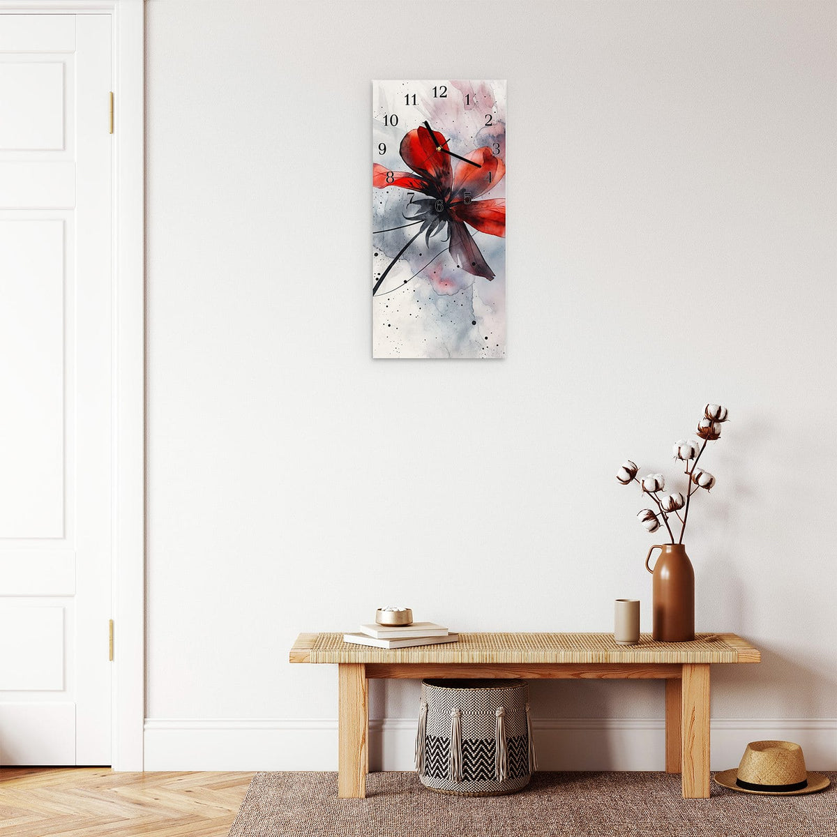 Moderne Wanduhr aus Glas mit Farbtiefe – Wanduhr Abstrakte Blüte aus Glas – Hochformat 30 × 60 cm