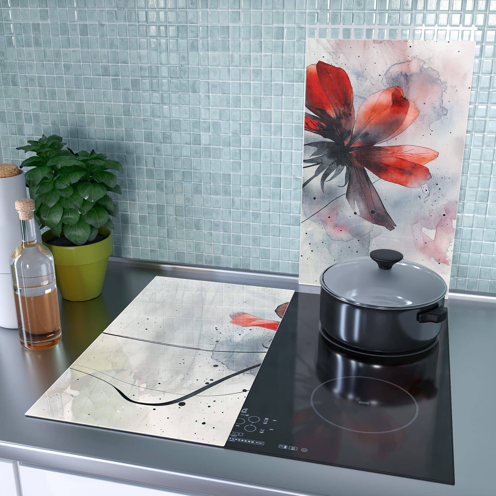 2-teilige Ceranfeld Abdeckungen mit Abstrakte Blüte-Motiv als Spritzschutz hinter dem Kochfeld