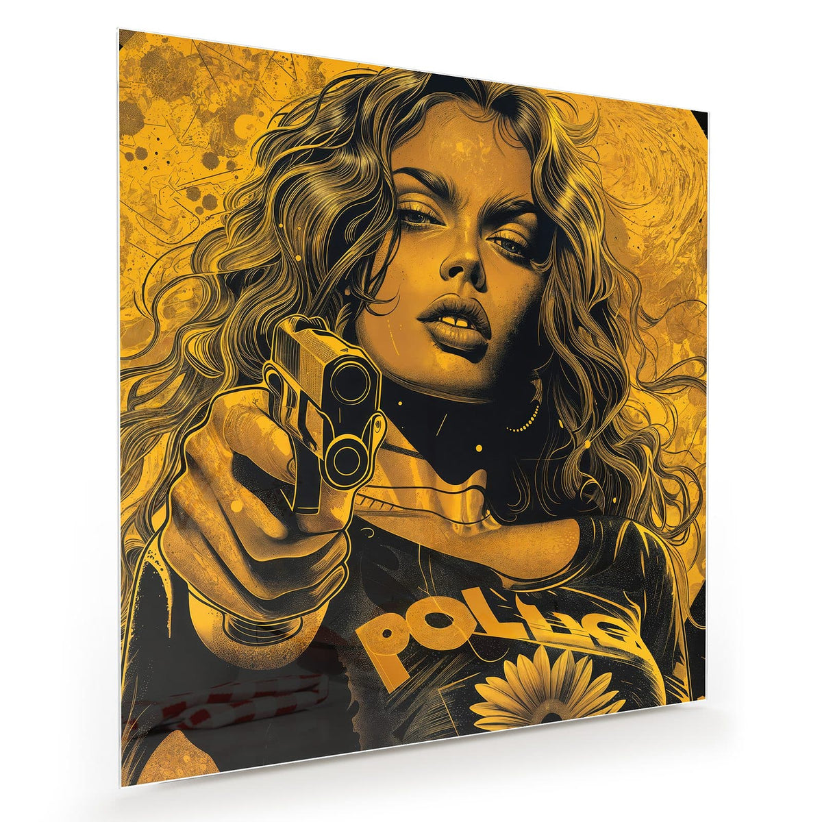 Pop-Art-Illustration in Gold und Schwarz: Frau mit Locken, Pistole in der Hand, Schriftzug POLICE auf der Jacke