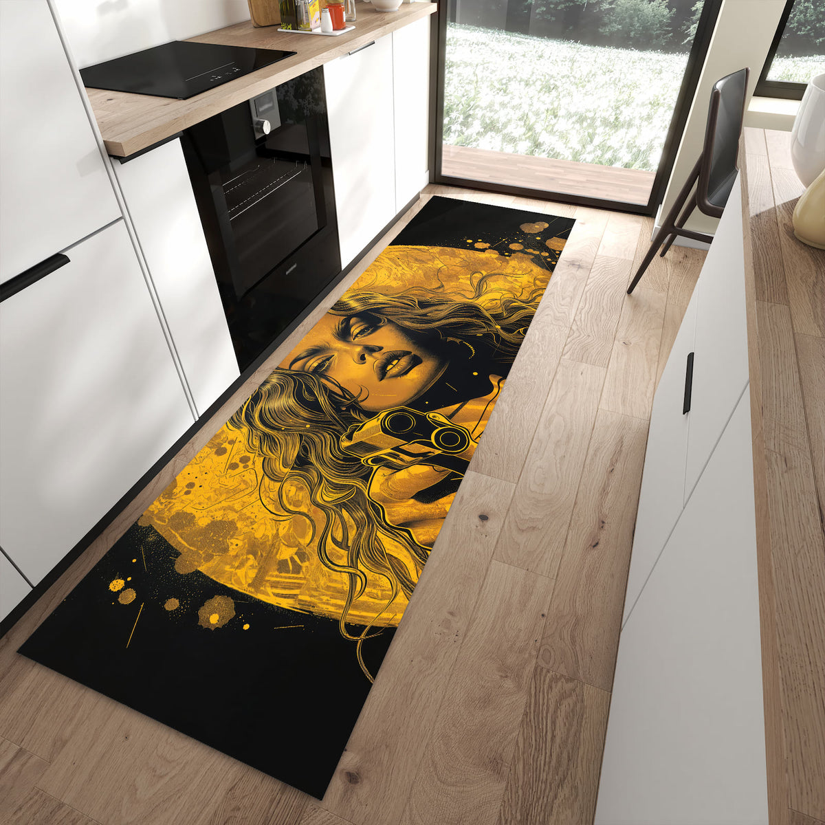 Pflegeleichter Küchenteppich mit Motiv Frau Mit Pistole Kunst in moderner Küche