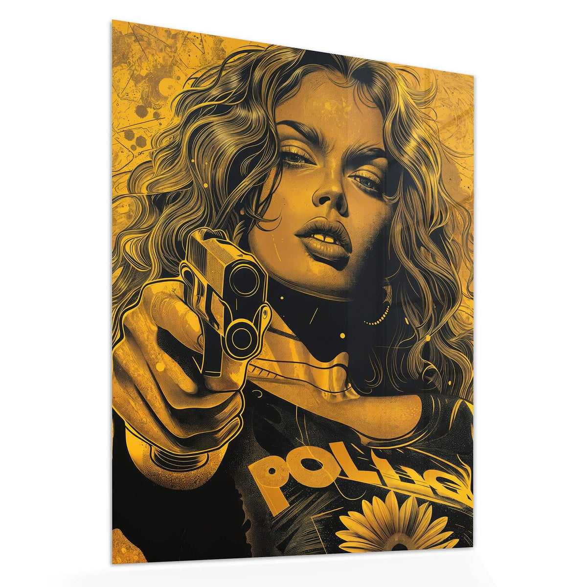 Echtglas, 4 mm – kein Acryl, keine Folie – Wandbild - Pop Art Frau in Gelb - Hochformat