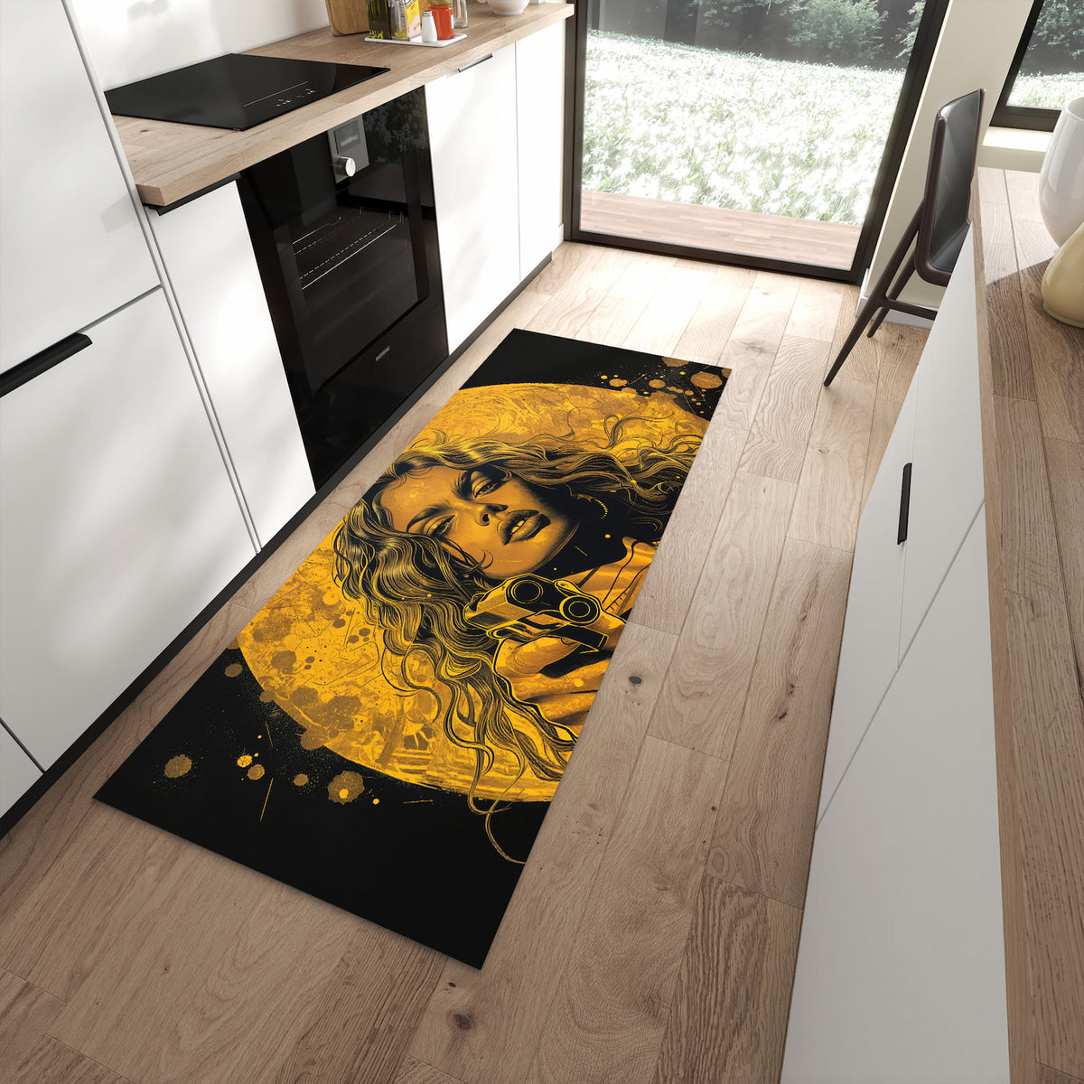 Langlebiger Bodenläufer mit Motiv Frau Mit Pistole Kunst in moderner Küche