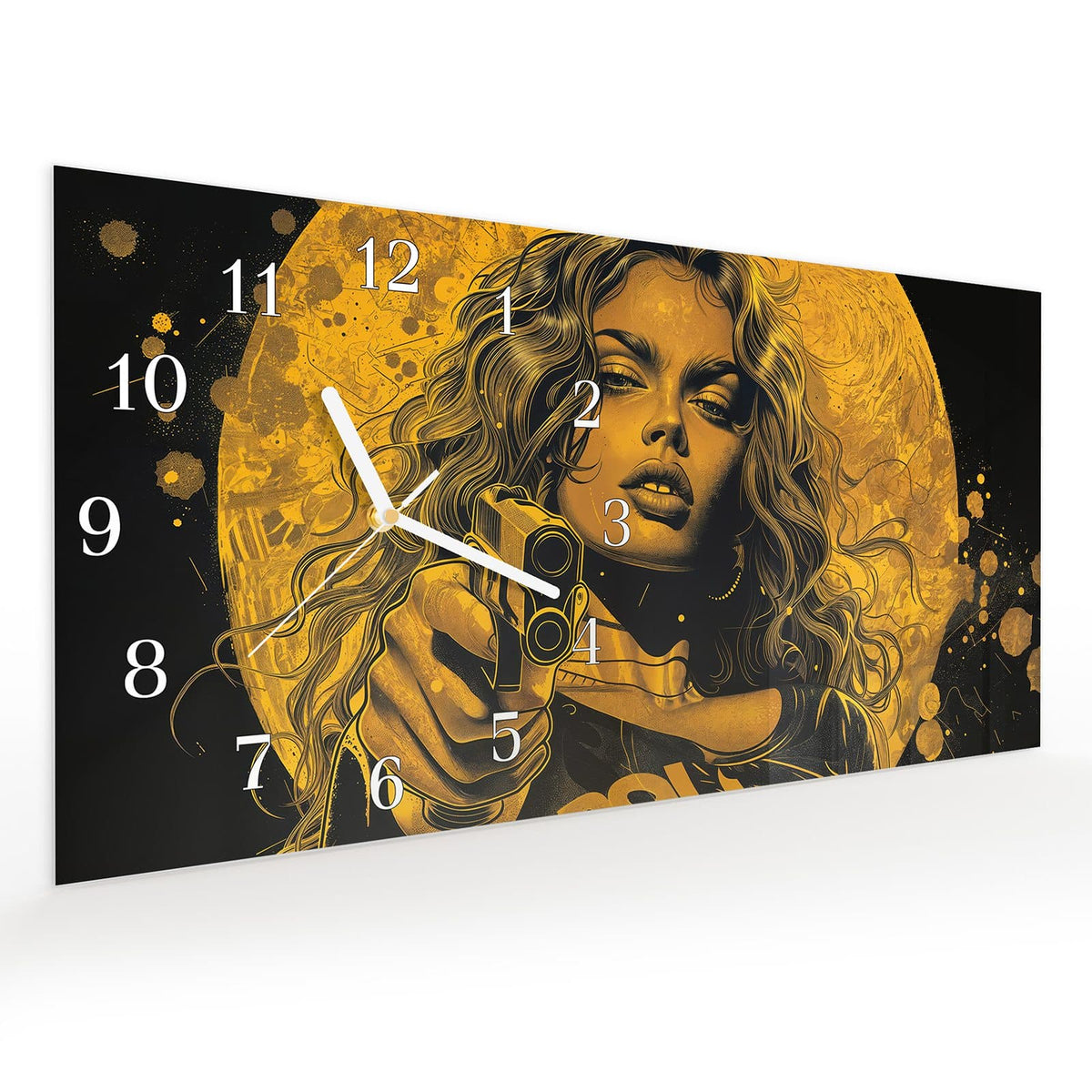 Vormontiert – mit Schwebeeffekt – Wanduhr Frau Mit Pistole Kunst aus Glas – Querformat 60 × 30 cm