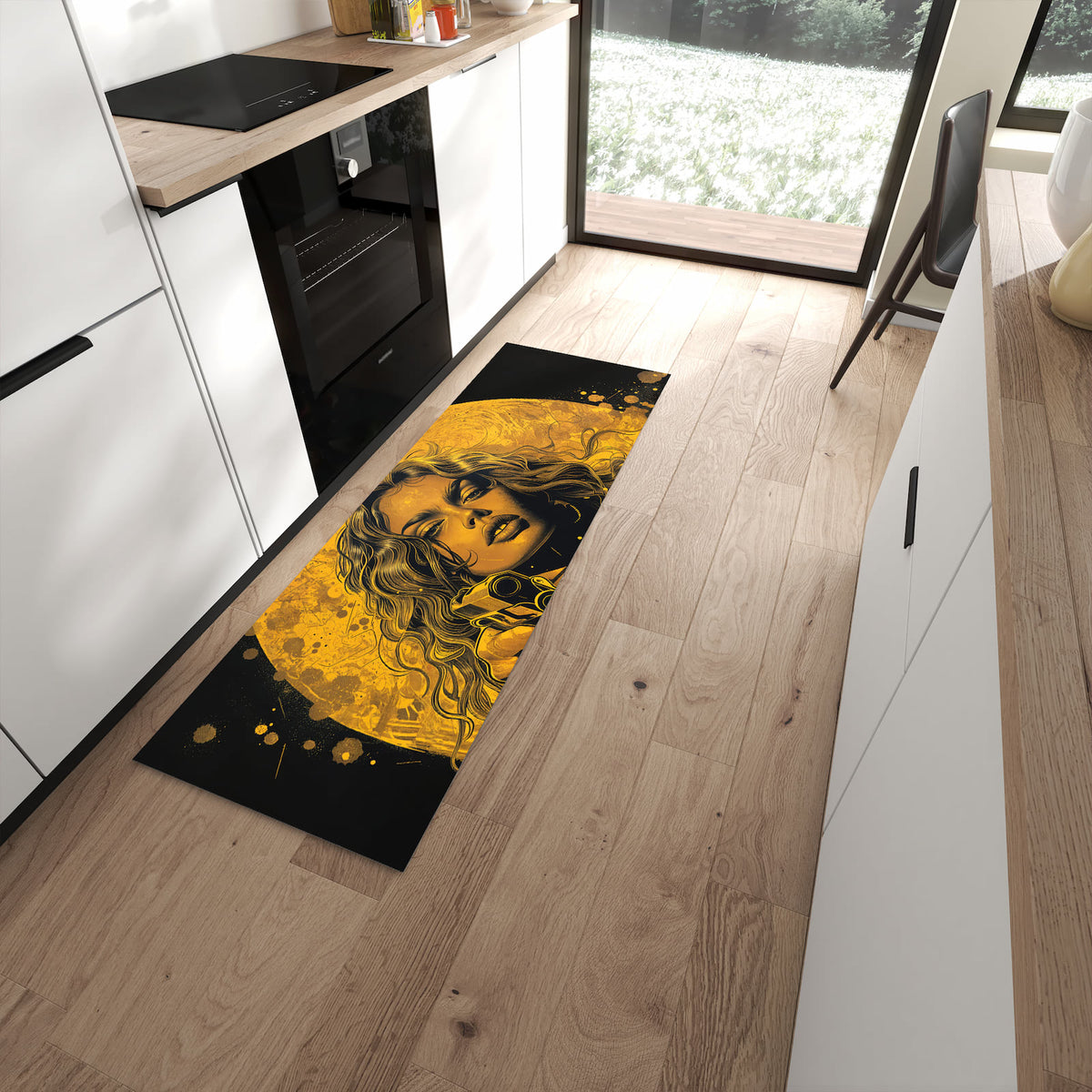 Rutschfester Küchenteppich mit Motiv Frau Mit Pistole Kunst für Trittkomfort in moderner Küche