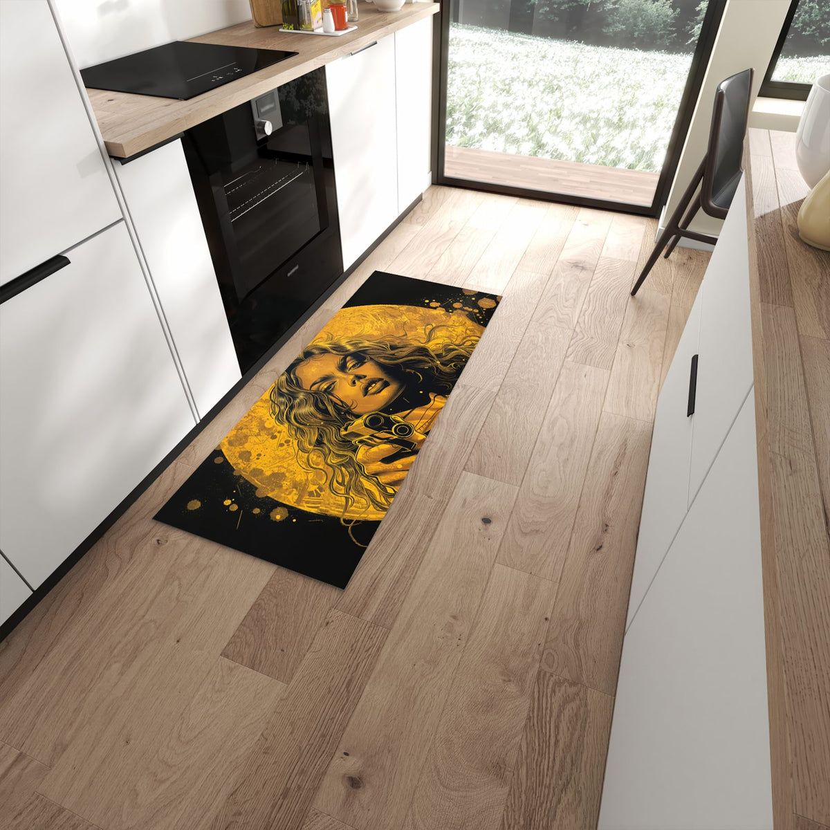 UV-beständiger dünner Teppich mit Motiv Frau Mit Pistole Kunst in moderner Küche #grösse_60 x 150 cm