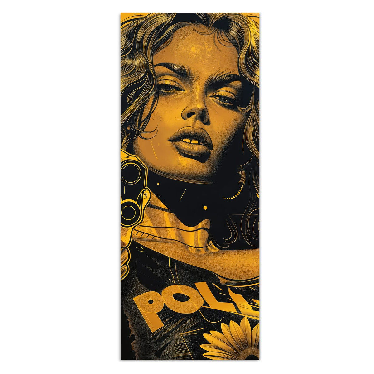 Pop-Art-Illustration in Gold und Schwarz: Frau mit Locken, Pistole in der Hand, Schriftzug POLICE auf der Jacke