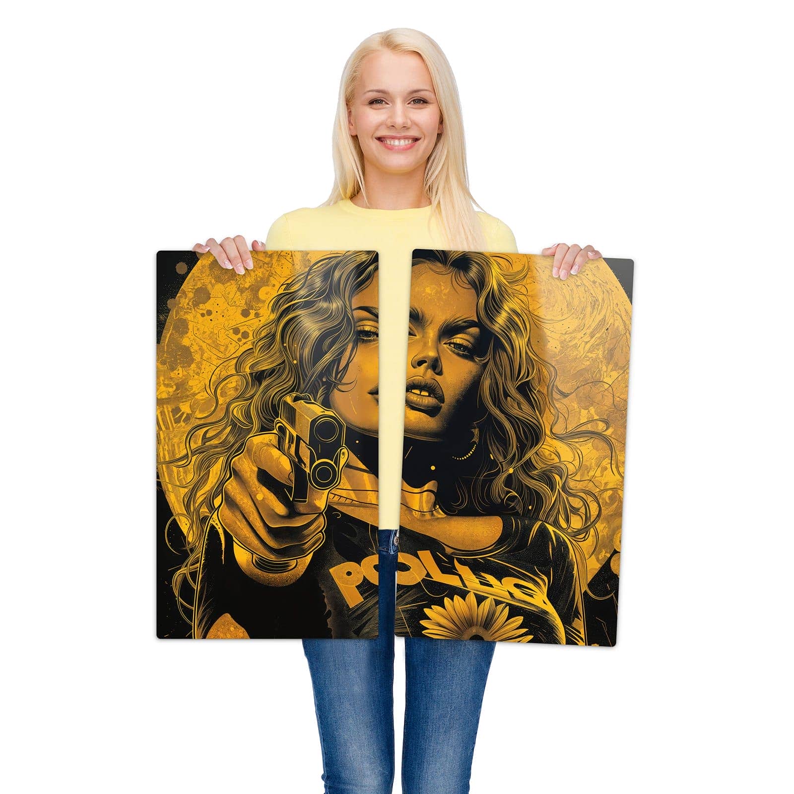2-teilige Herdabdeckplatten aus Glas mit Frau Mit Pistole Kunst-Motiv wird zur Größendarstellung gehalten