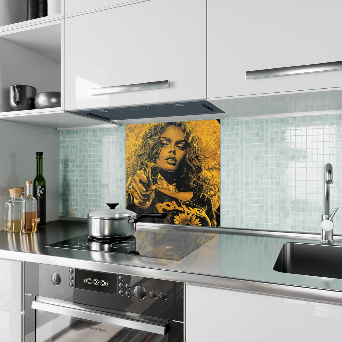 Küchenrückwand aus Glas Pop Art Frau in Gelb im quadratischen Format als Spritzschutz hinter dem Kochfeld, über dem Fliesenspiegel montiert