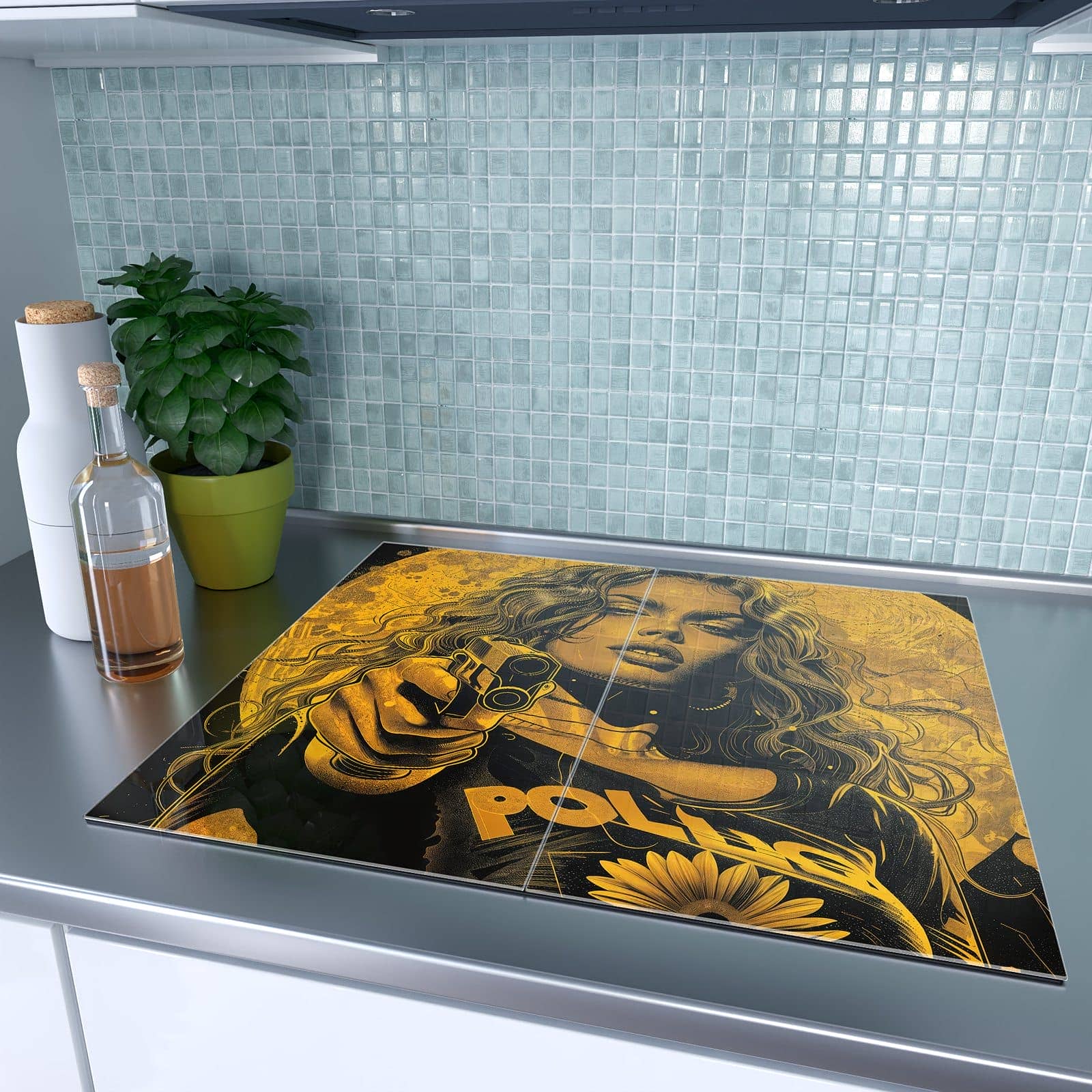 2-teilige Herdabdeckung mit Frau Mit Pistole Kunst-Motiv auf dem Ceranfeld in moderner Küche