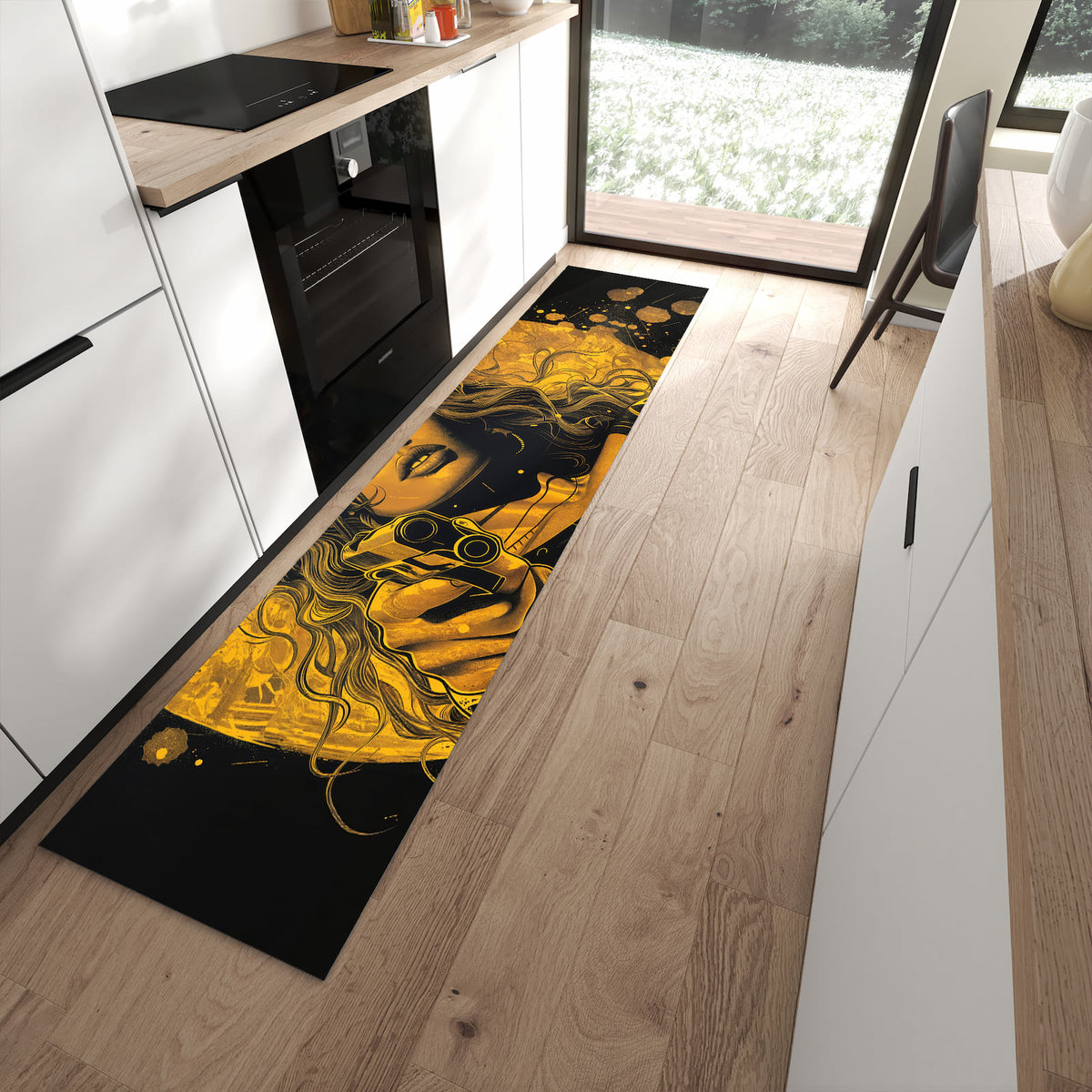 Fleckenresistenter waschbarer Teppich mit Motiv Frau Mit Pistole Kunst in moderner Küche