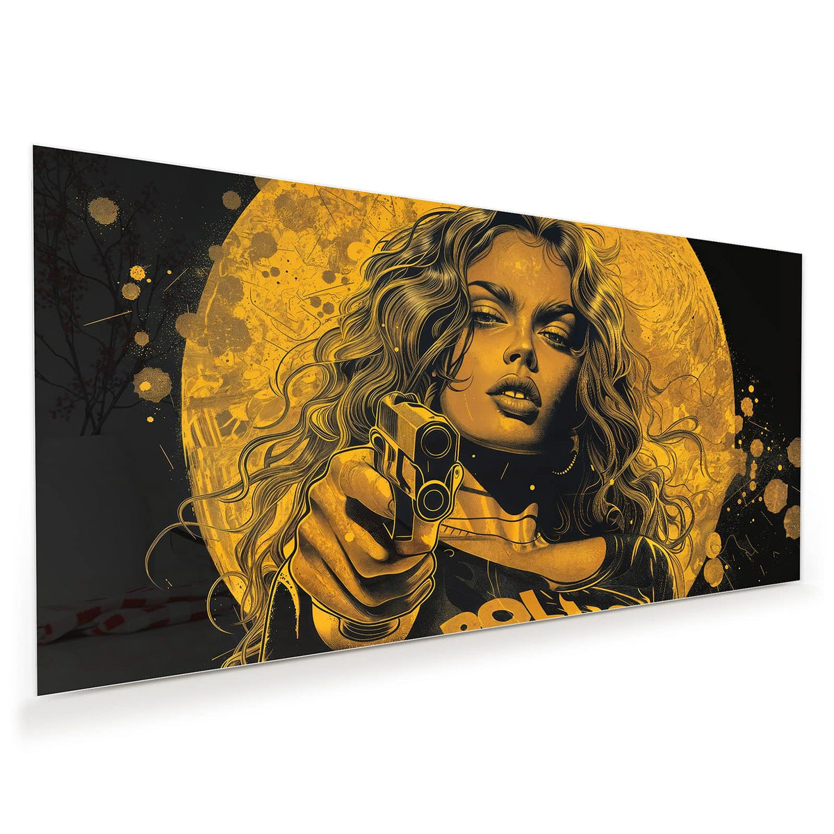 Pop-Art-Illustration in Gold und Schwarz: Frau mit Locken, Pistole in der Hand, Schriftzug POLICE auf der Jacke