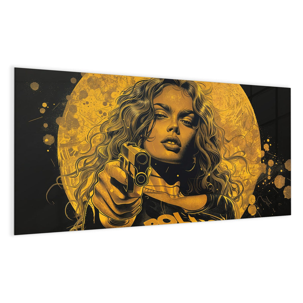 Pop-Art-Illustration in Gold und Schwarz: Frau mit Locken, Pistole in der Hand, Schriftzug POLICE auf der Jacke