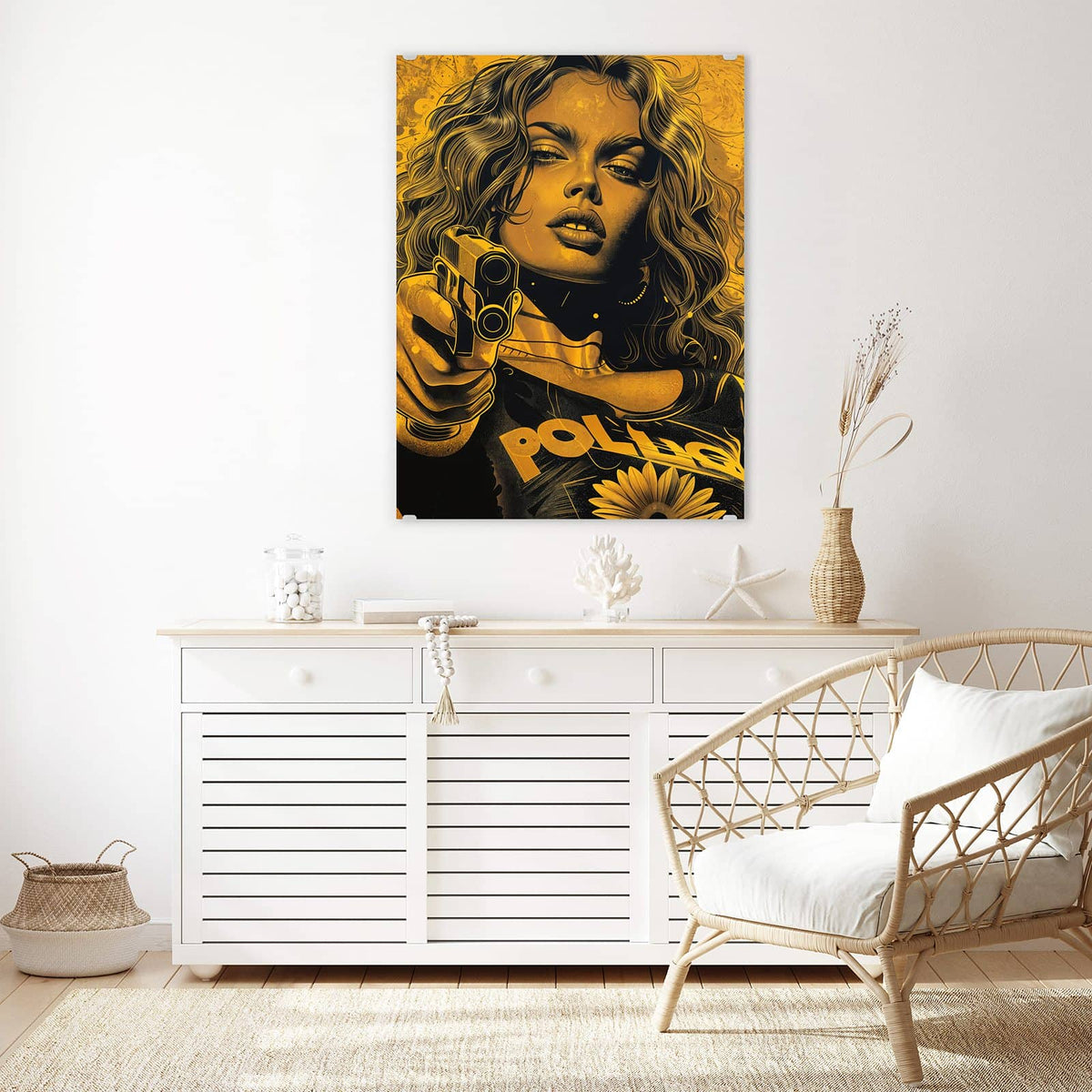 Aufhängung liegt bei – Motiv später wechselbar – Wandbild - Pop Art Frau in Gelb - Hochformat