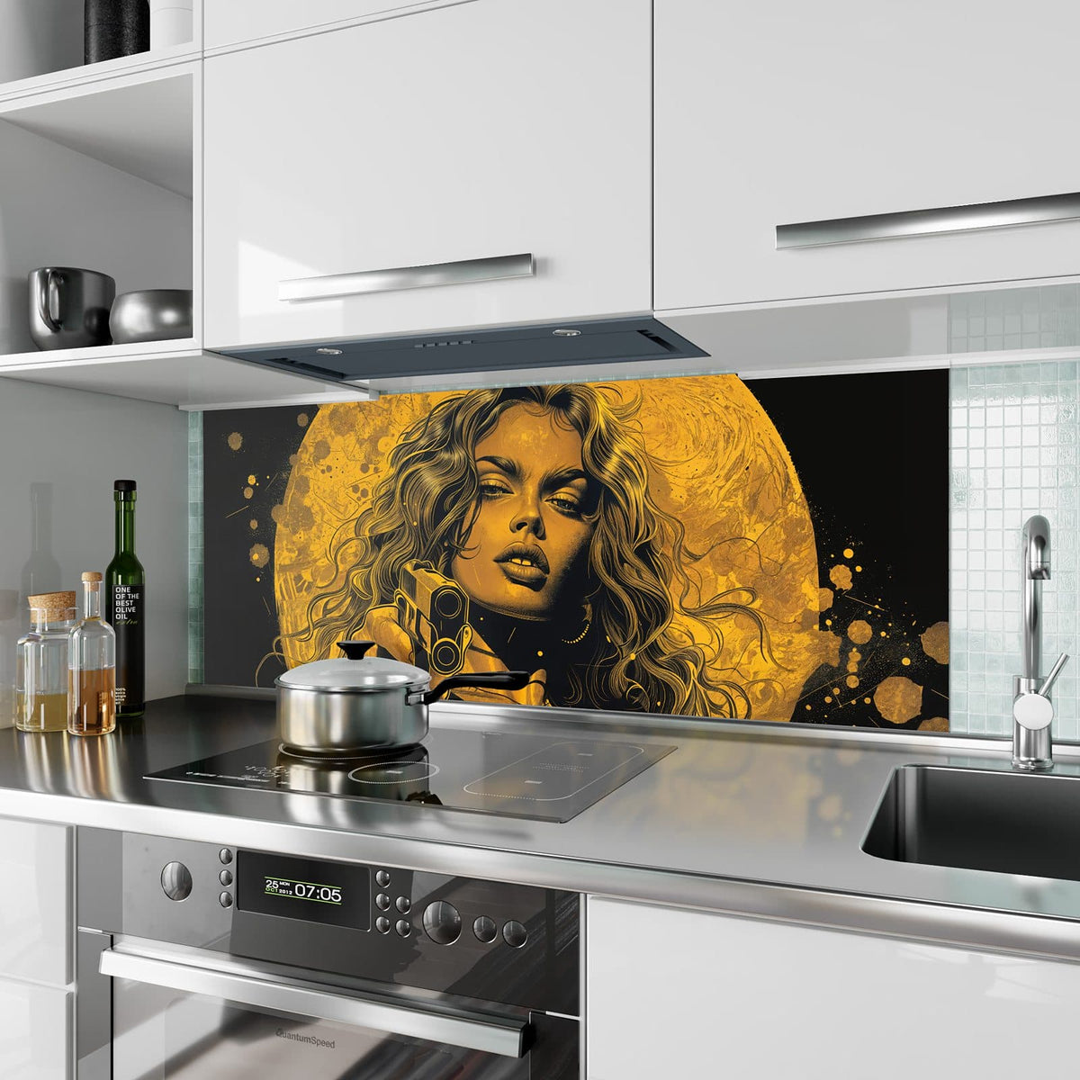 Küchenrückwand aus Glas Pop Art Frau in Gelb im Hochformat als Spritzschutz hinter dem Kochfeld, über dem Fliesenspiegel montiert