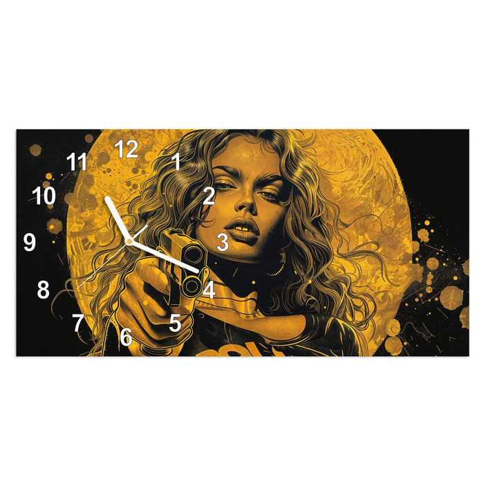 Wanduhr Frau Mit Pistole Kunst aus Glas – Querformat 60 × 30 cm mit Ziffernblatt Modern