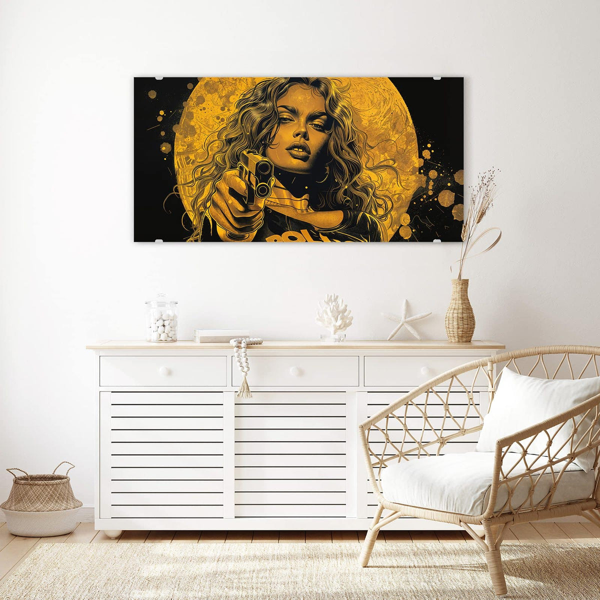 Echtglas, 4 mm – kein Acryl, keine Folie – Wandbild - Pop Art Frau in Gelb - Querformat