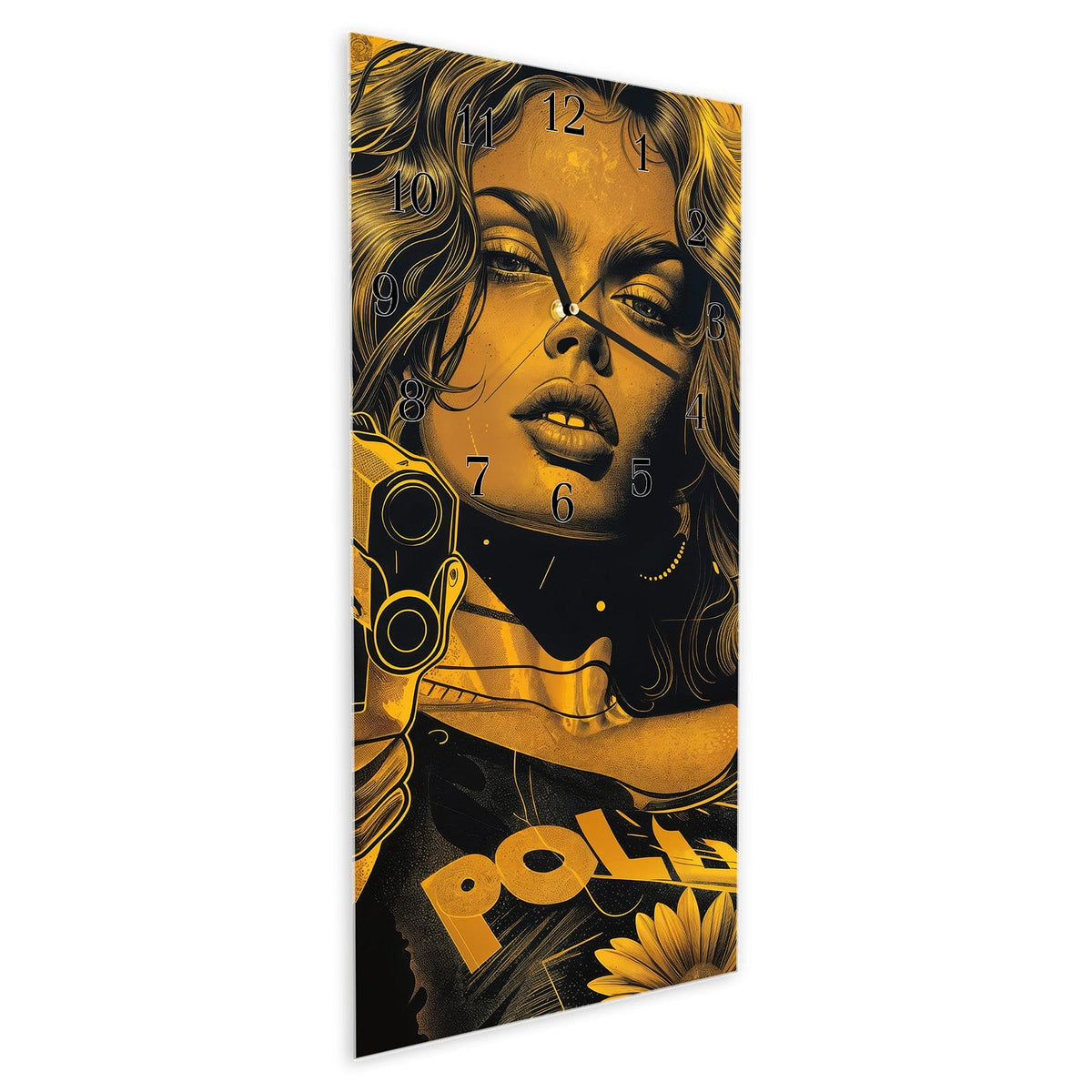 Vormontiert – mit Schwebeeffekt – Wanduhr Frau Mit Pistole Kunst aus Glas – Hochformat 30 × 60 cm