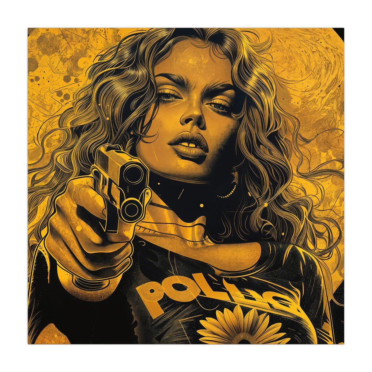 Pop-Art-Illustration in Gold und Schwarz: Frau mit Locken, Pistole in der Hand, Schriftzug POLICE auf der Jacke
