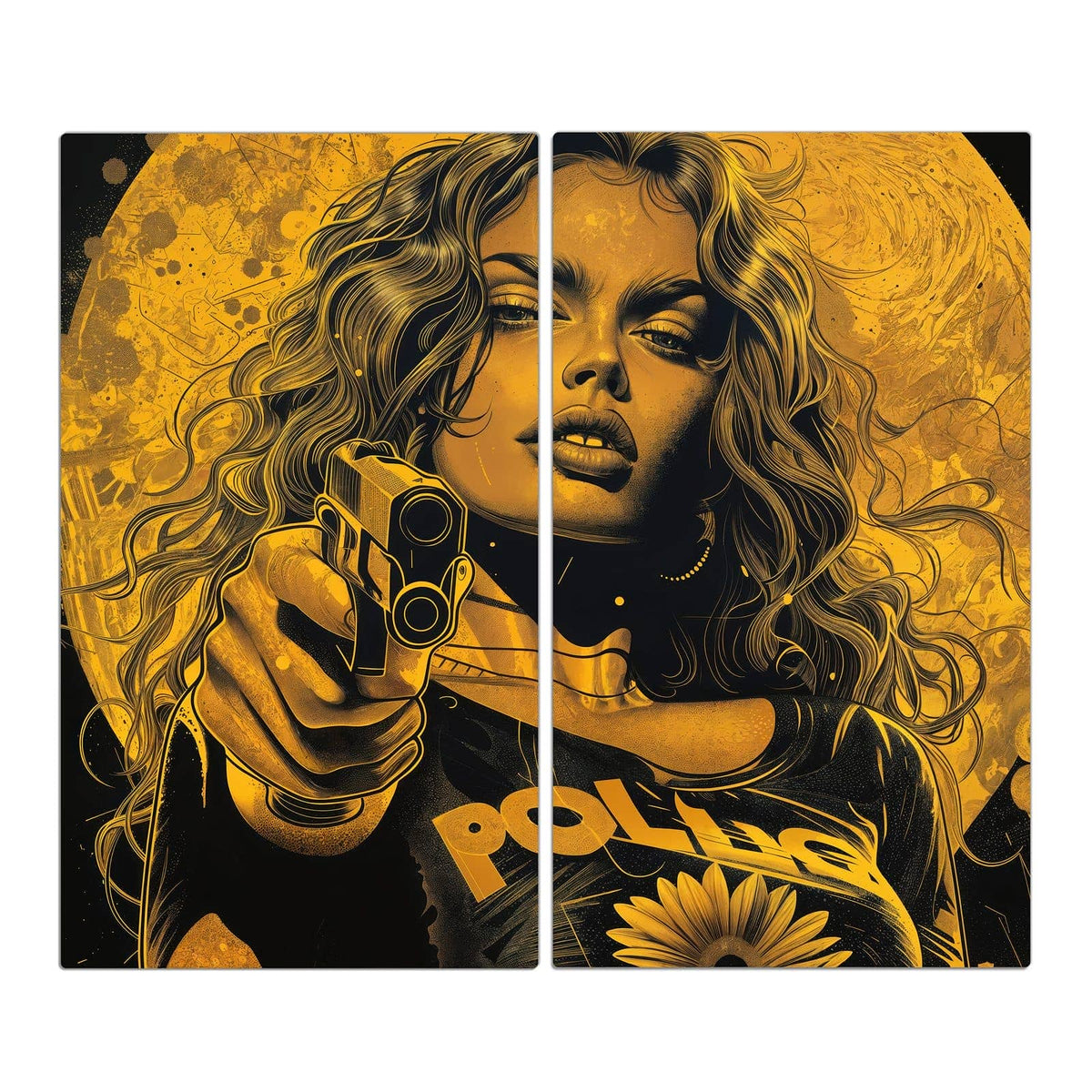 Pop-Art-Illustration in Gold und Schwarz: Frau mit Locken, Pistole in der Hand, Schriftzug POLICE auf der Jacke