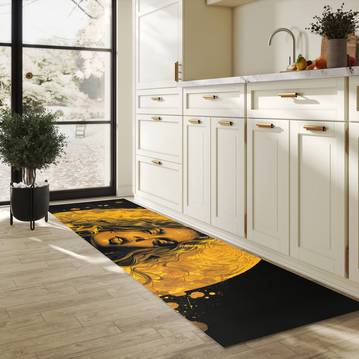 Hygienischer Teppich fürs Esszimmer mit Motiv Frau Mit Pistole Kunst in heller Küche