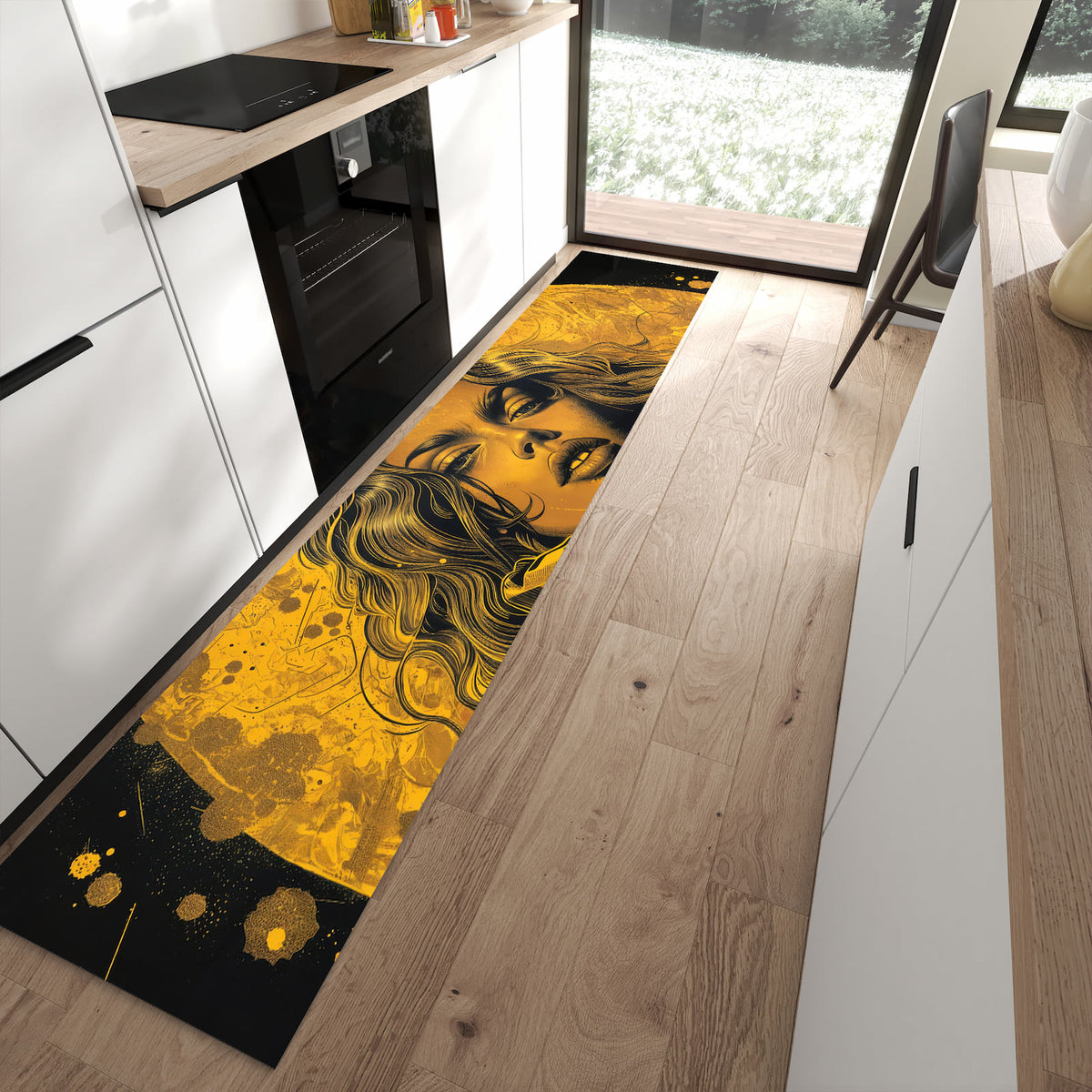 Schmutzabweisender Teppich für Esstisch mit Motiv Frau Mit Pistole Kunst in moderner Küche
