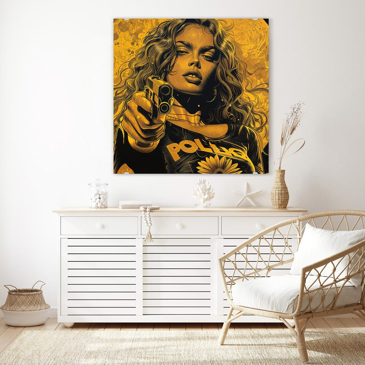 Echtglas, 4 mm – kein Acryl, keine Folie – Wandbild - Pop Art Frau in Gelb - Quadratisch