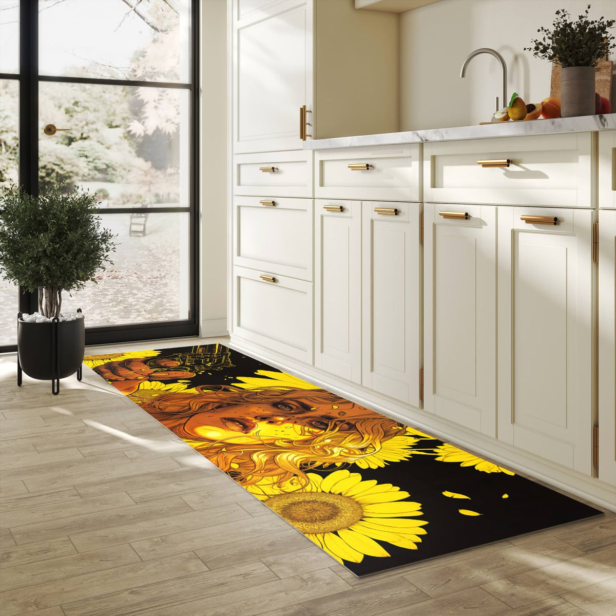 Abriebfester Küchenläufer mit Motiv Sonnenblumenmädchen in heller Küche