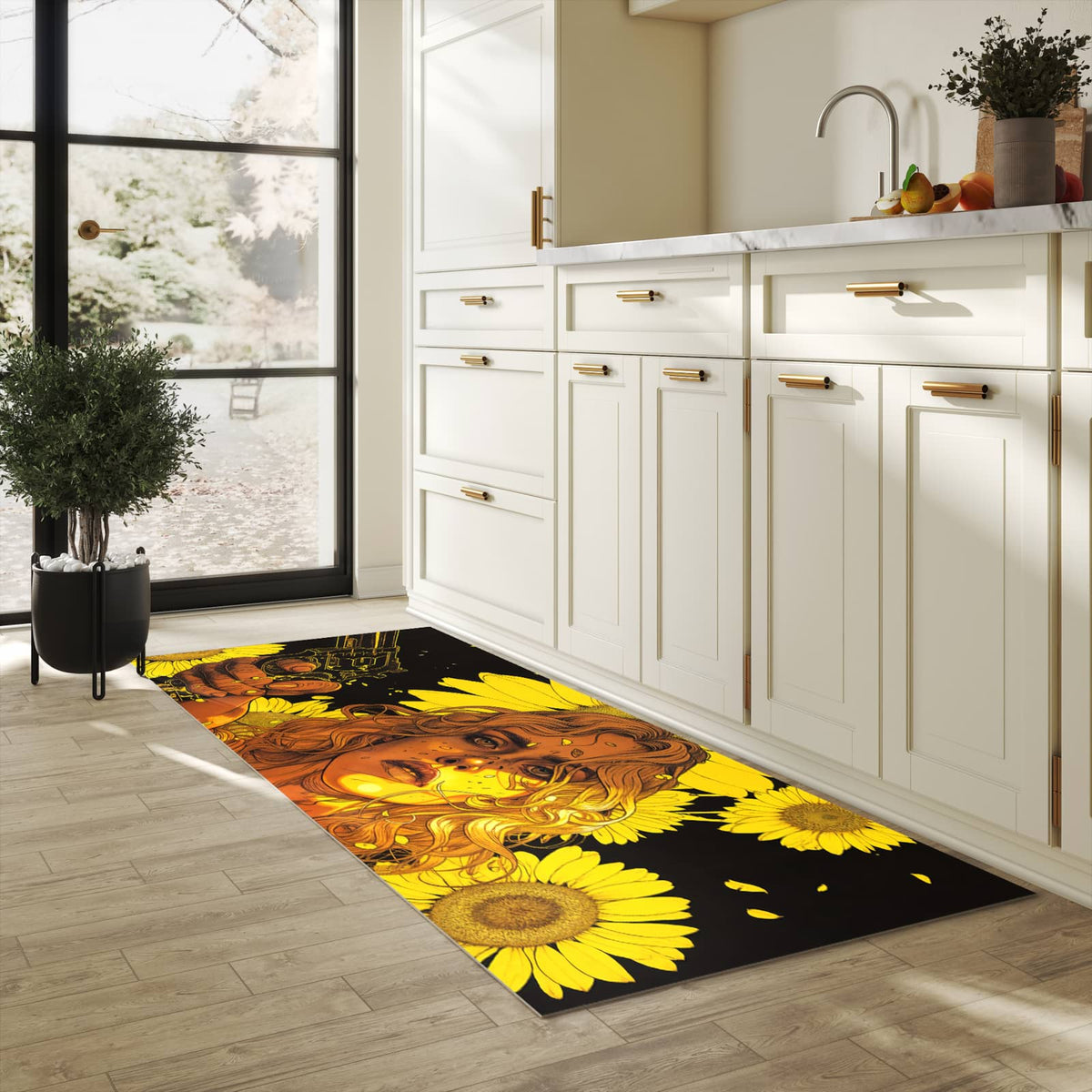 Wasserabweisender Küchenläufer mit Motiv Sonnenblumenmädchen in heller Küche