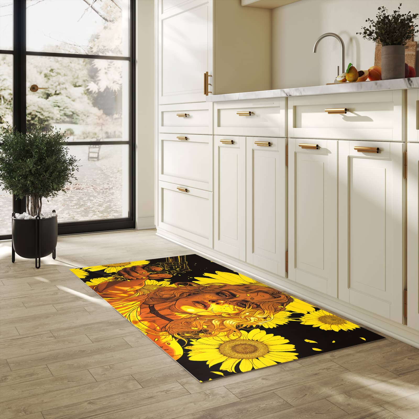 Waschbarer Küchenteppich mit Motiv Sonnenblumenmädchen für Trittkomfort in heller Küche