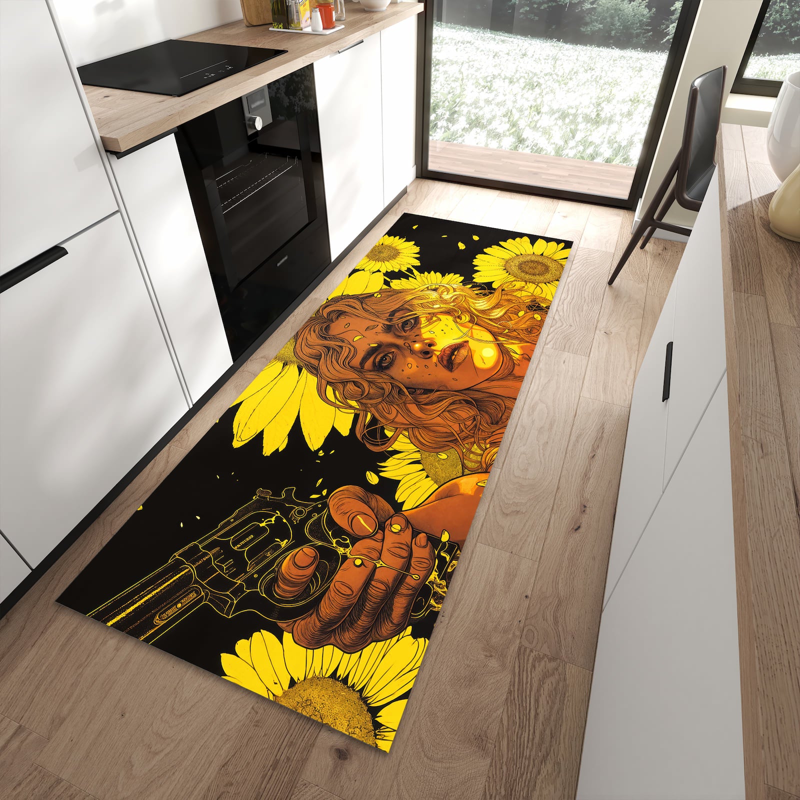 Geräuschdämpfender Läufer mit Motiv Sonnenblumenmädchen für Eingangsbereich in moderner Küche
