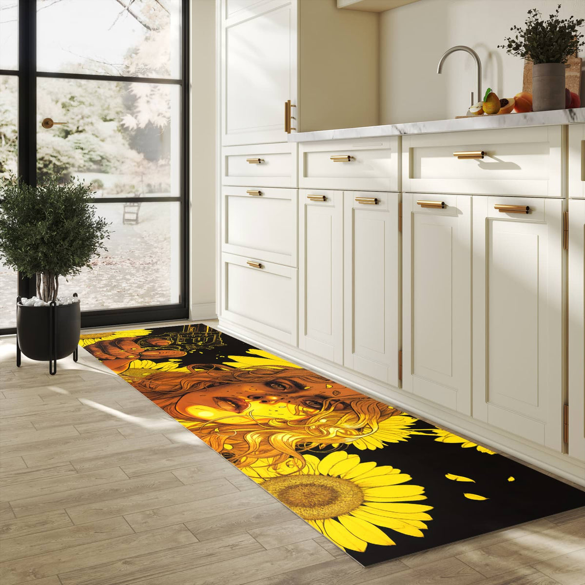 UV-beständiger Küchenvorleger mit Motiv Sonnenblumenmädchen in heller Küche