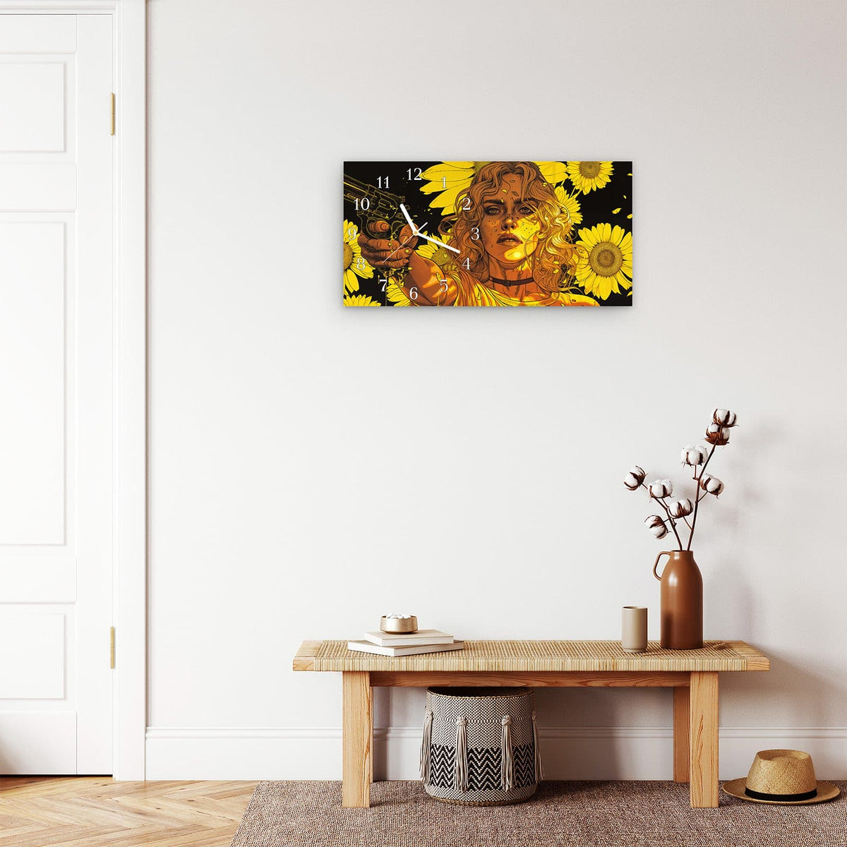 Moderne Wanduhr aus Glas mit Farbtiefe – Wanduhr Sonnenblumenmädchen aus Glas – Querformat 60 × 30 cm