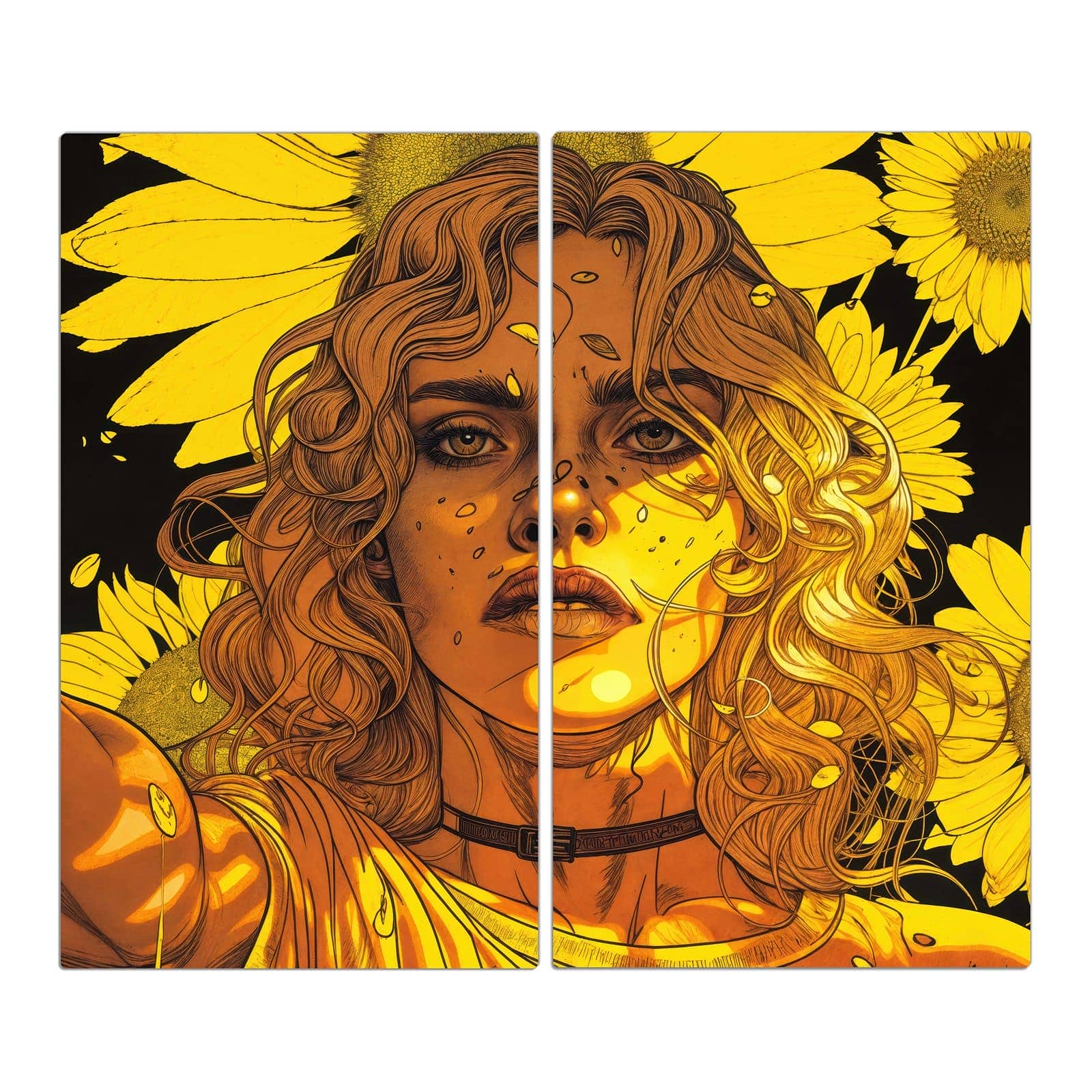 2-teilige Herdabdeckplatten mit Sonnenblumenmädchen-Motiv in der Frontansicht