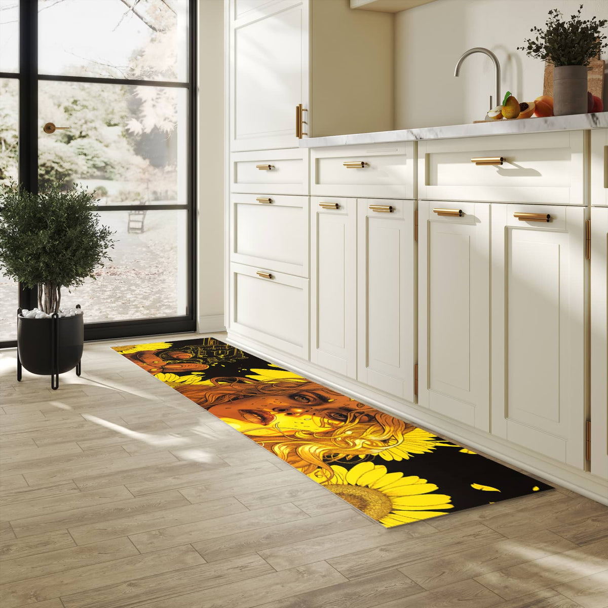 Farbbeständiger Küchenteppich mit Motiv Sonnenblumenmädchen in heller Küche