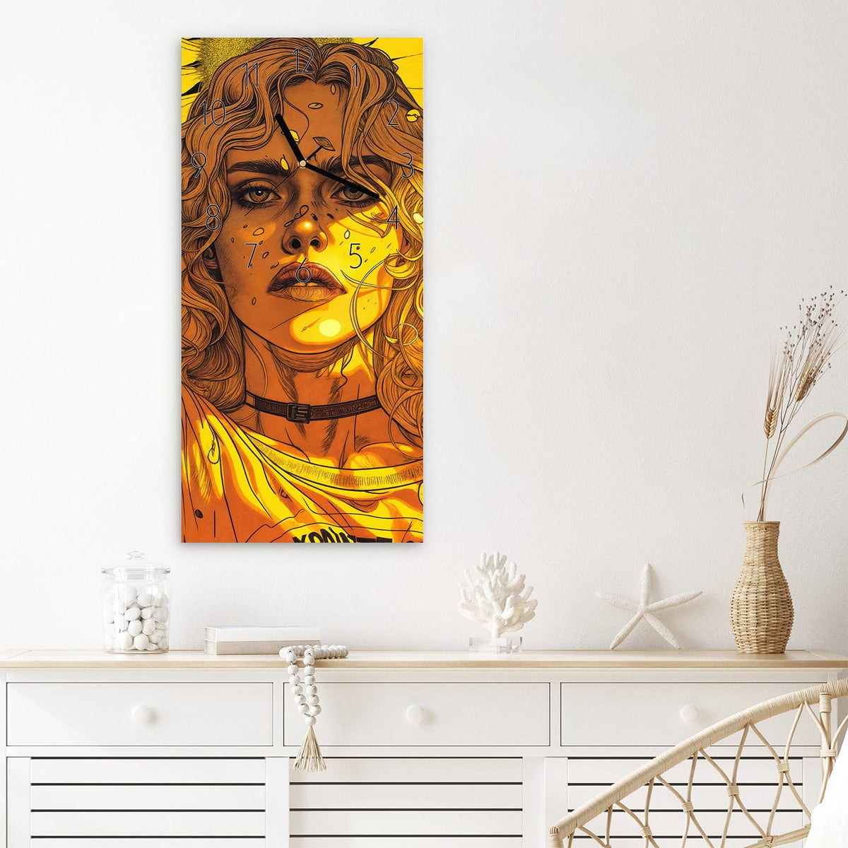 Wanduhr Sonnenblumenmädchen aus Glas – Comic-Frau vor Sonnenblumen