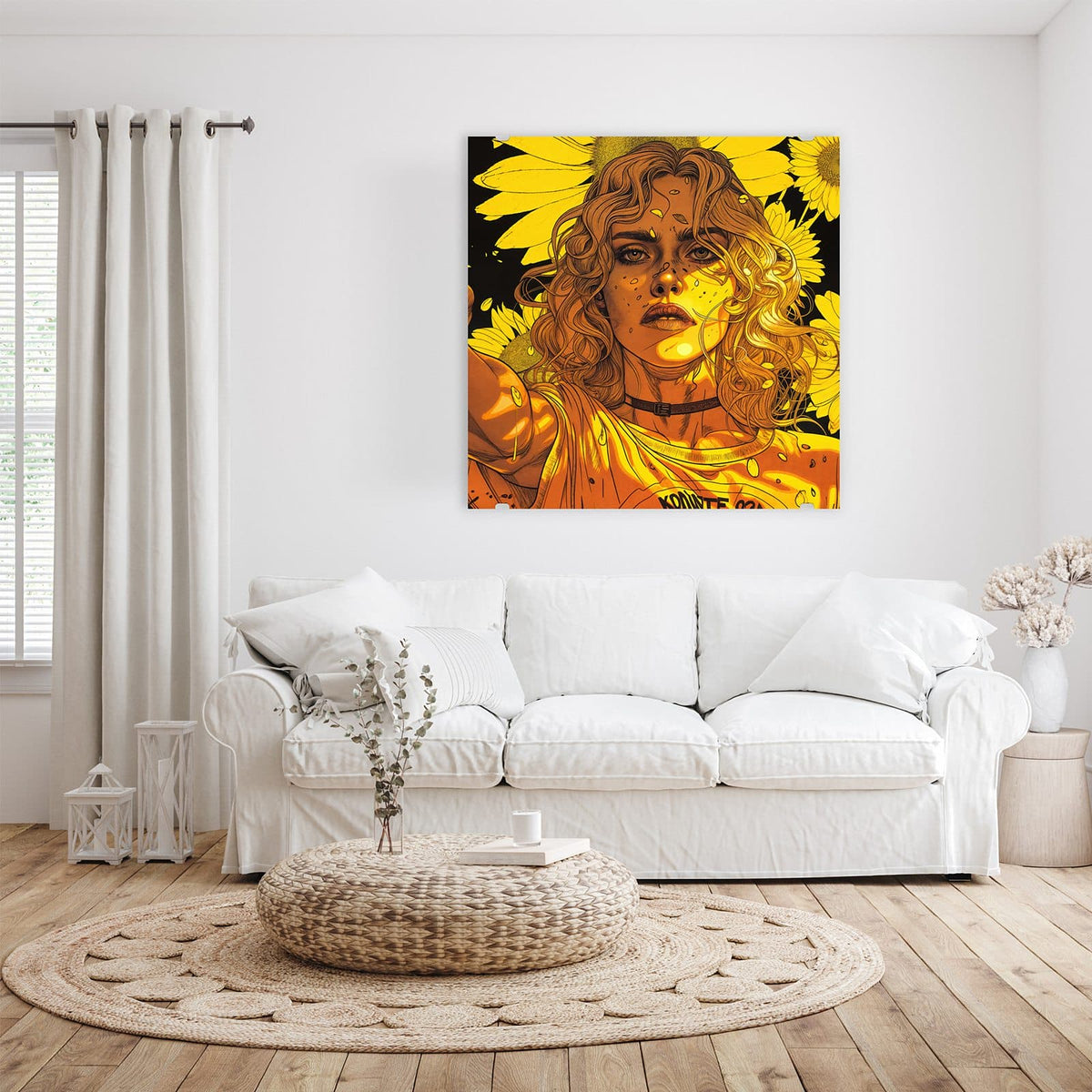 Gelb-orange Comic-Illustration einer jungen Frau mit langen Locken vor großen Sonnenblumen