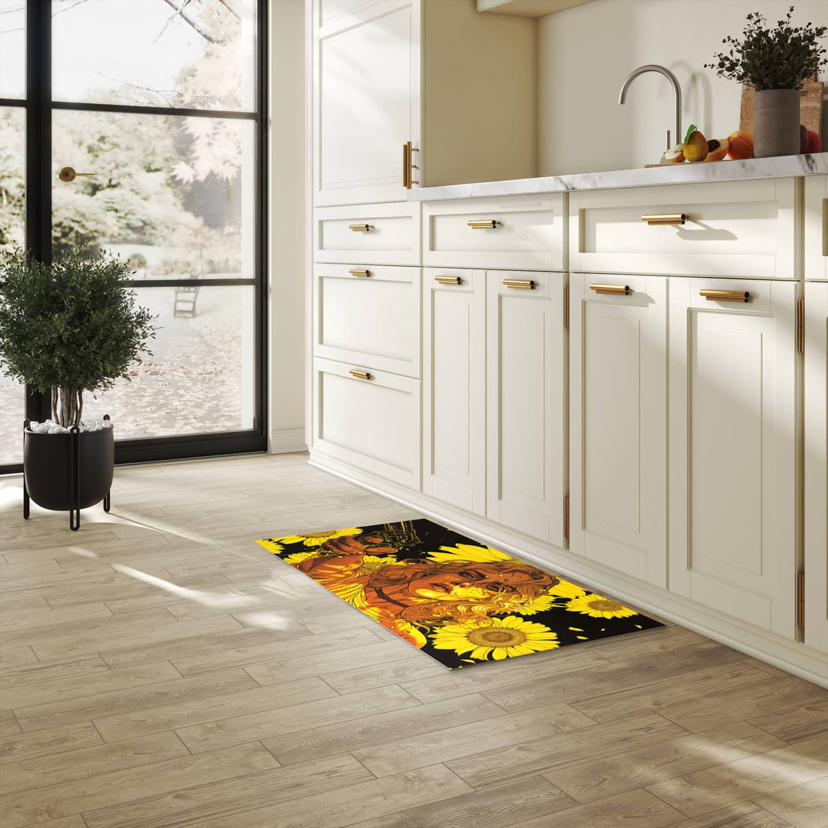 Feuchtigkeitsresistenter Teppich für Küche mit Motiv Sonnenblumenmädchen in heller Küche