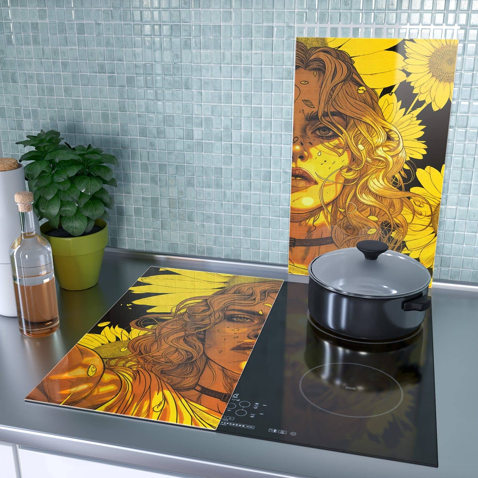 2-teilige Herdabdeckung aus Holz mit Sonnenblumenmädchen-Motiv als Spritzschutz hinter dem Kochfeld