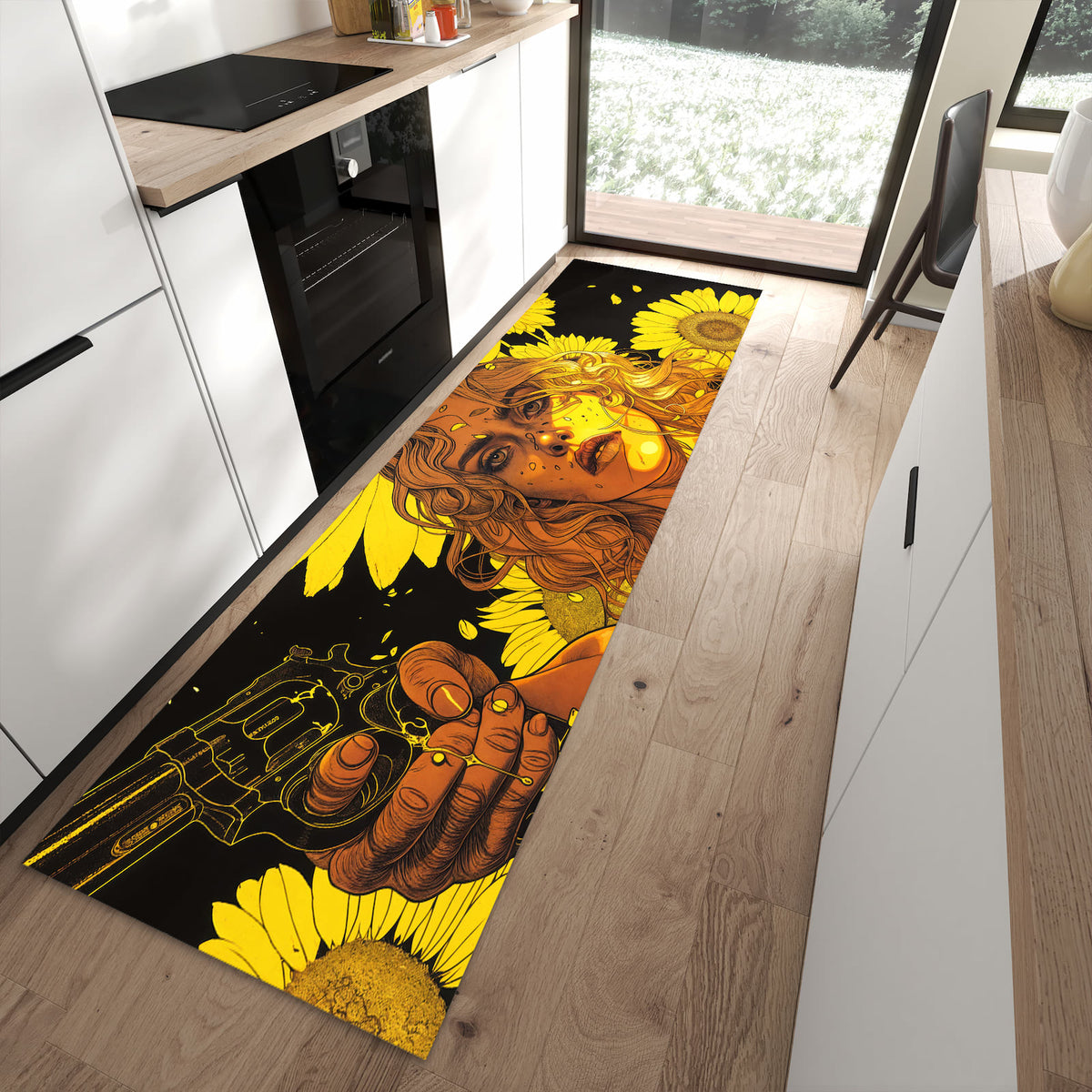 Formstabiler waschbarer Läufer für die Küche mit Motiv Sonnenblumenmädchen in moderner Küche