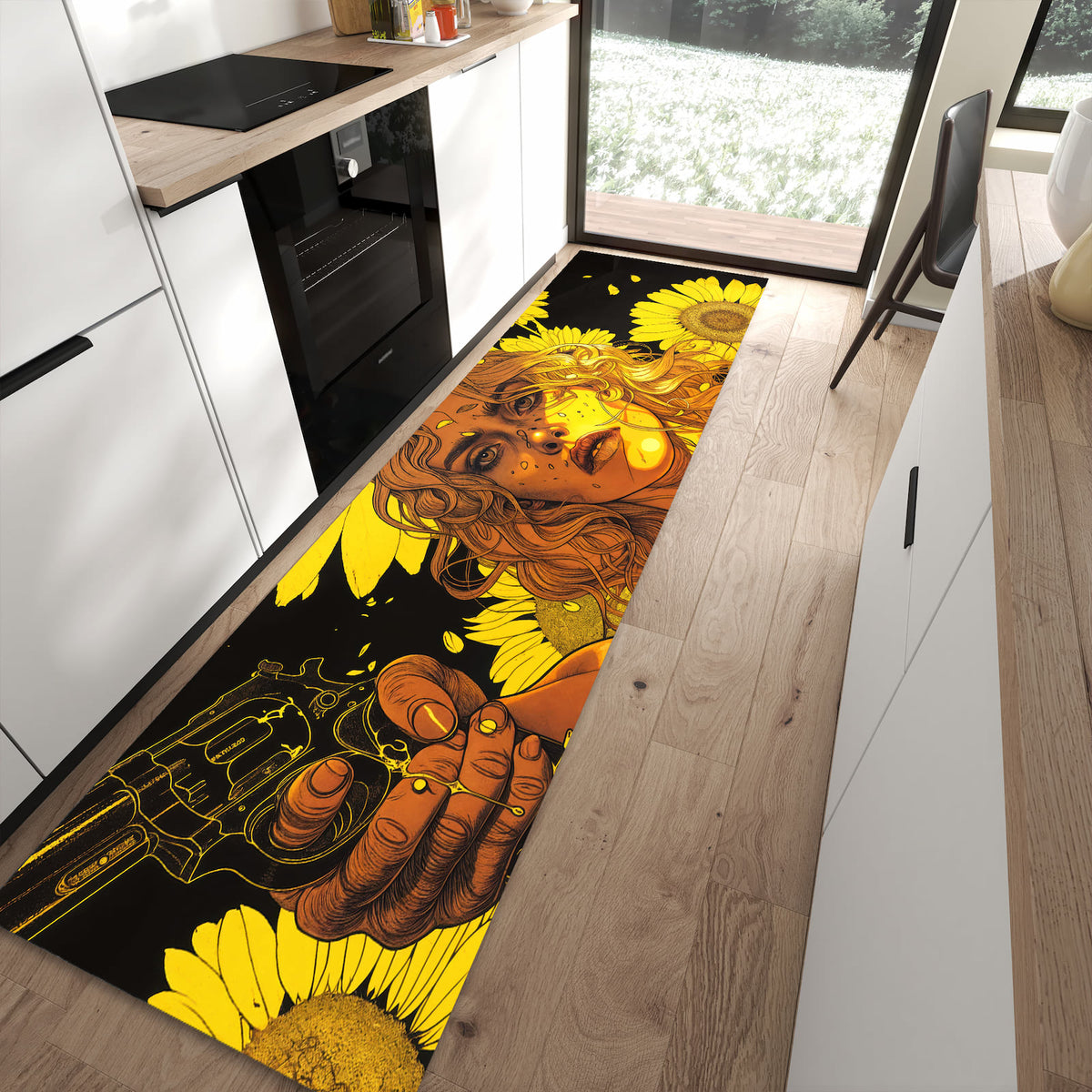 Waschbarer Küchenläufer mit Motiv Sonnenblumenmädchen in moderner Küche für sichere Aufbewahrung