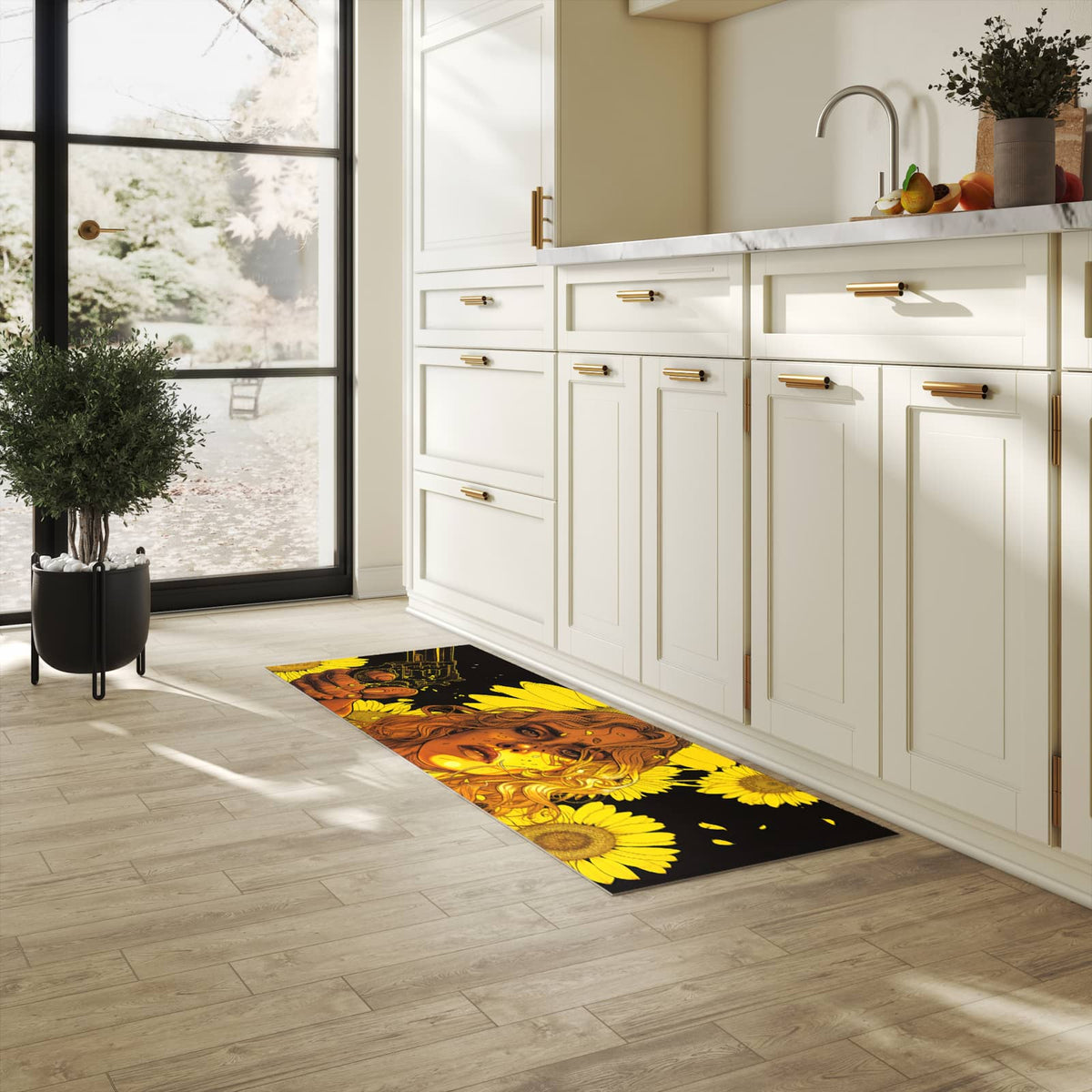Küchenteppich mit Motiv Sonnenblumenmädchen für Ordnung in heller Küche