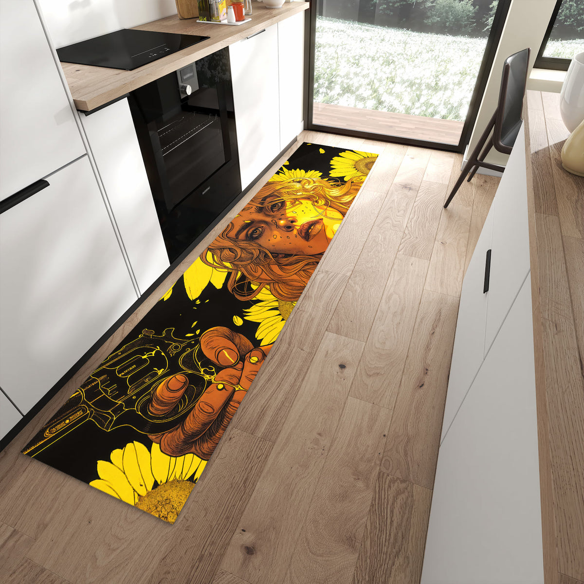 Feuchtigkeitsresistenter Küchenvorleger mit Motiv Sonnenblumenmädchen in moderner Küche