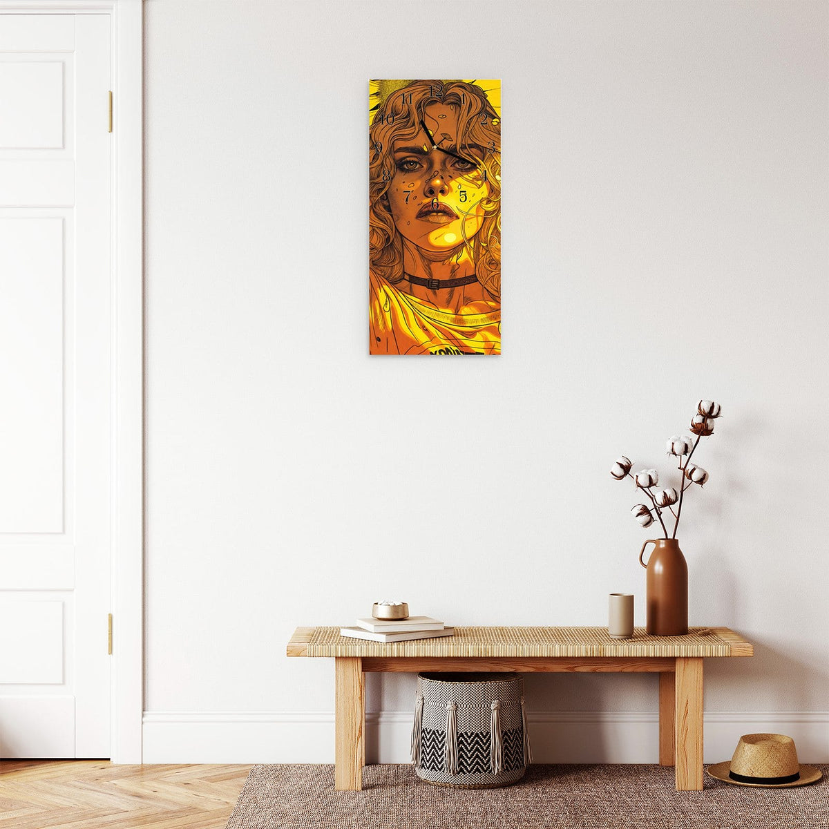 Moderne Wanduhr aus Glas mit Farbtiefe – Wanduhr Sonnenblumenmädchen aus Glas – Hochformat 30 × 60 cm