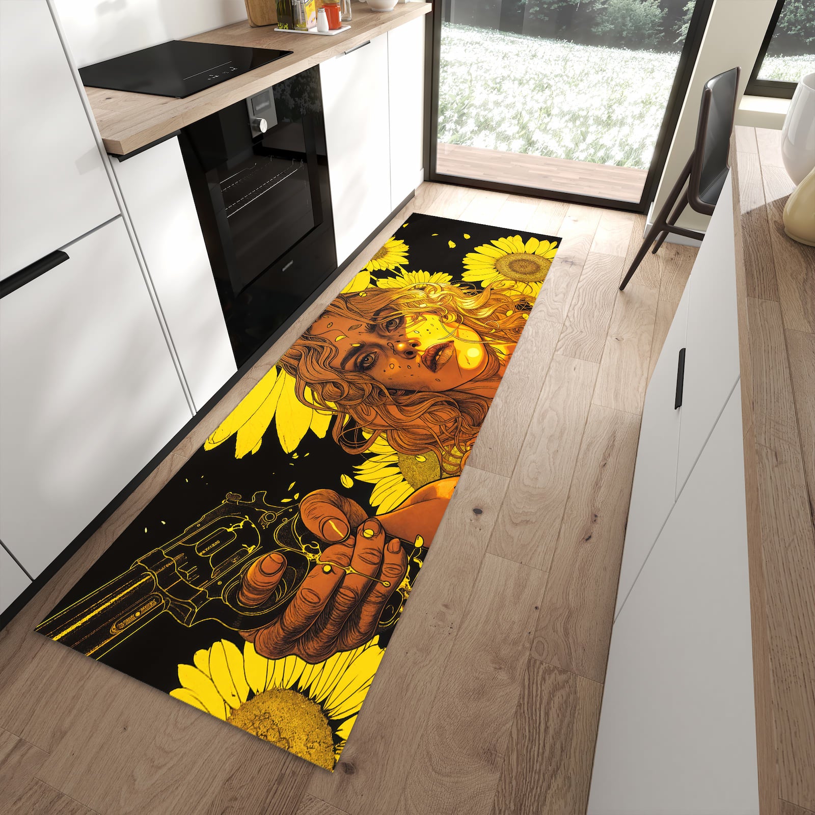 Farbbeständiger Teppichläufer mit Motiv Sonnenblumenmädchen in moderner Küche