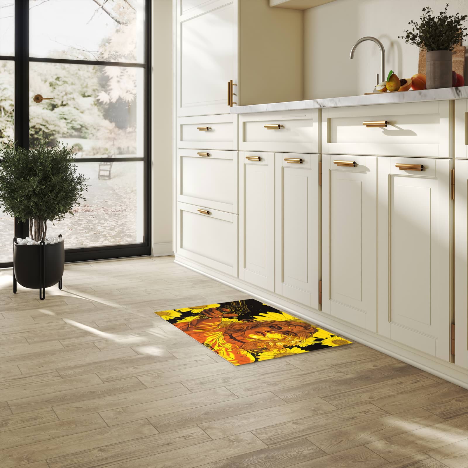 Küchenläufer mit Motiv Sonnenblumenmädchen in heller Küche für sichere Aufbewahrung