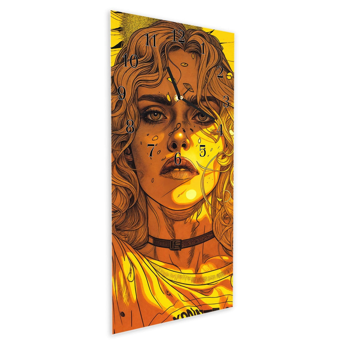 Vormontiert – mit Schwebeeffekt – Wanduhr Sonnenblumenmädchen aus Glas – Hochformat 30 × 60 cm