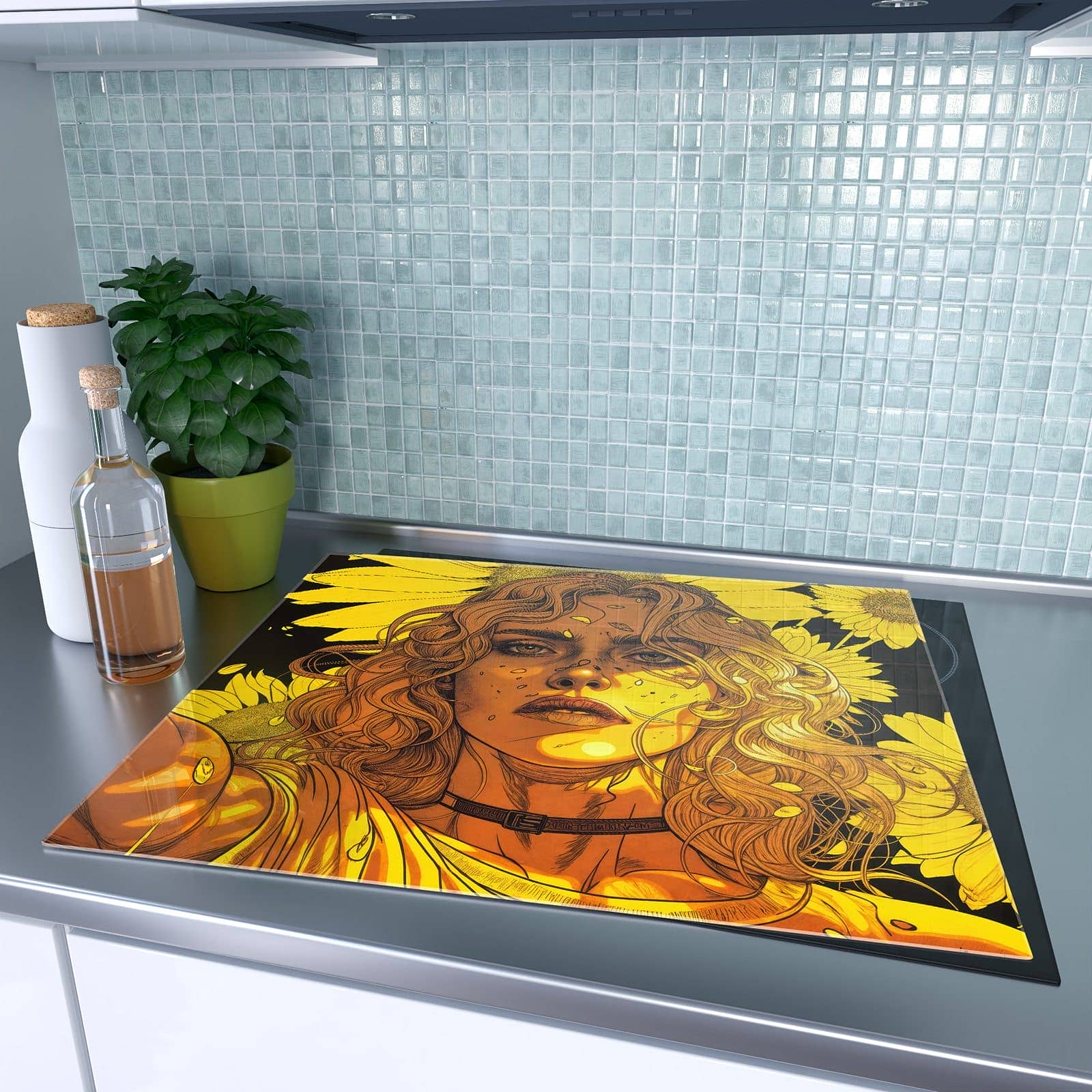 1-teilige Herdabdeckplatten mit Sonnenblumenmädchen-Motiv auf dem Ceranfeld